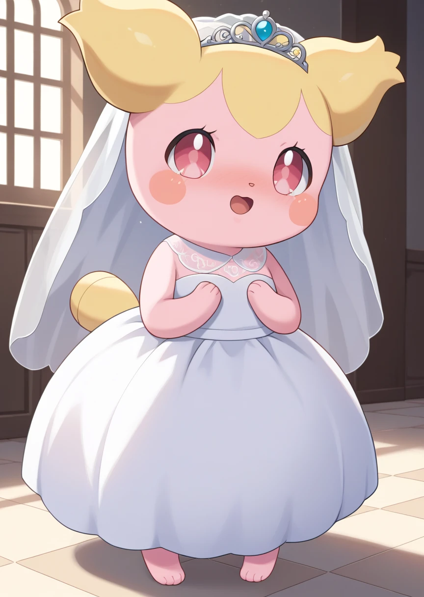 score_9, score_8_up, score_7_up, score_6_up, score_5_up, BREAK
hottoni, anthro, female, 1girl, rating_safe, solo, open mouth, standing, full body, pink eyes, indoors, church, no humans, blush stickers, blonde, bare feet, pokemon_(creature):0.9, wedding dress, wedding veil, pink skin, blush, nose blush