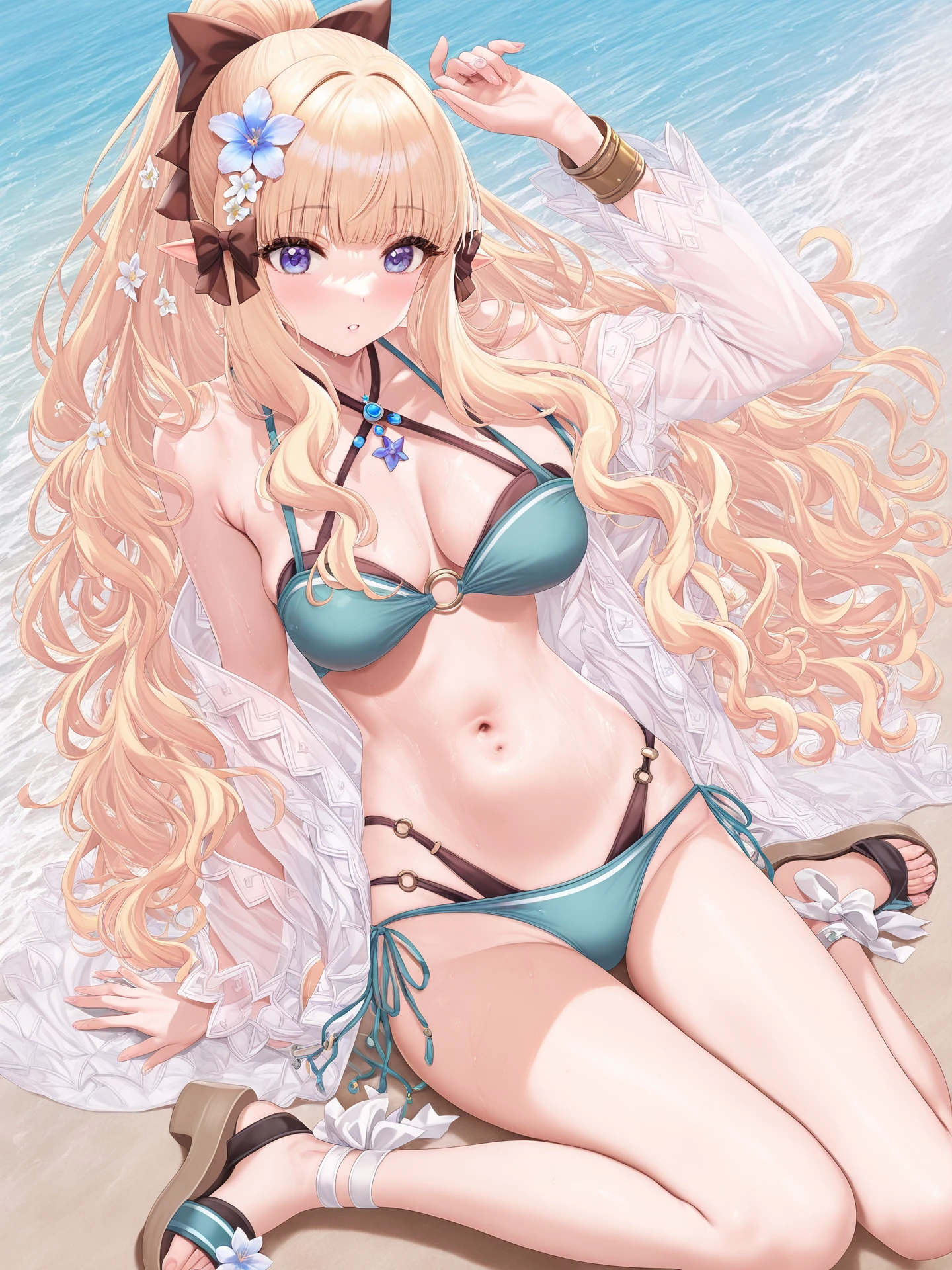 1girl, solo, saren_(princess_connect!), machi \(7769\), ningen mame, torino aqua, asakuraf, yd \(orange maru\), (atdan:0.5), saren \(summer\) \(princess connect!\), hair ornament, bow, navel,swimsuit,  flower, hair bow, sidelocks, bikini, hair flower, black bow, side-tie bikini bottom, sandals, o-ring, highleg bikini, o-ring top, o-ring bikini, layered bikini, aqua bikini, ponytail,
masterpiece, best quality, good quality, newest,