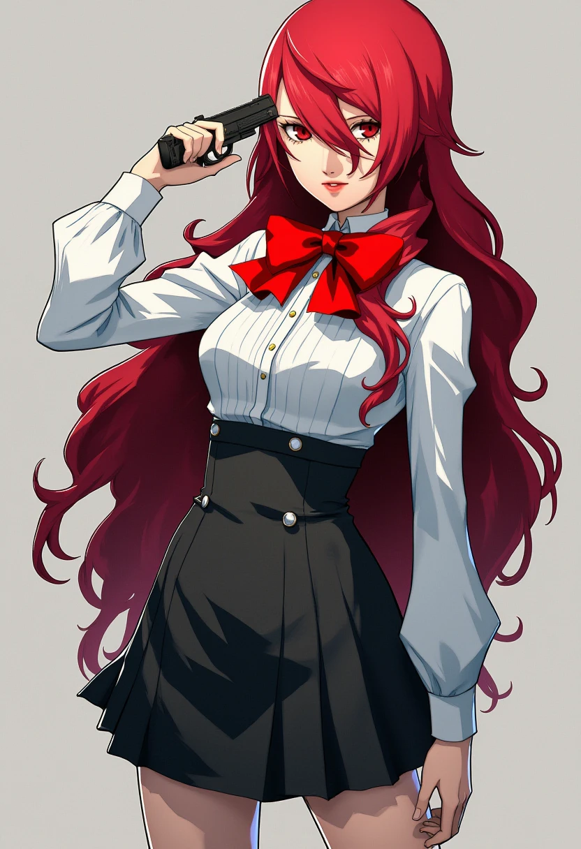 A detailed solo portrait of mitsuru kirijo
Anime style, sharp, high contrast and highly detailed.,
<lora:persona_3_mitsuru_kirijo_flux_v1_2-000013:1>,,
Full body. simple background
She wearing a stylish and elegant school uniform with a distinctive red theme. She wears a fitted, long-sleeved white blouse that has puffed sleeves, giving it a formal yet refined appearance. Around her neck, there is a large, bold red bow, which adds a splash of color to her outfit. The blouse is neatly tucked into a black high-waisted skirt that reaches just above her knees and features subtle pleats. She completes the look with knee-high black boots with a slight heel, which add a touch of sophistication and authority to the overall outfit.  She holds a small black pistol, pointing at her own temple. She has an expressionless face.