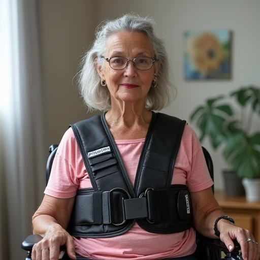 a 40 year old woman wears a two point padded wheelchair belt