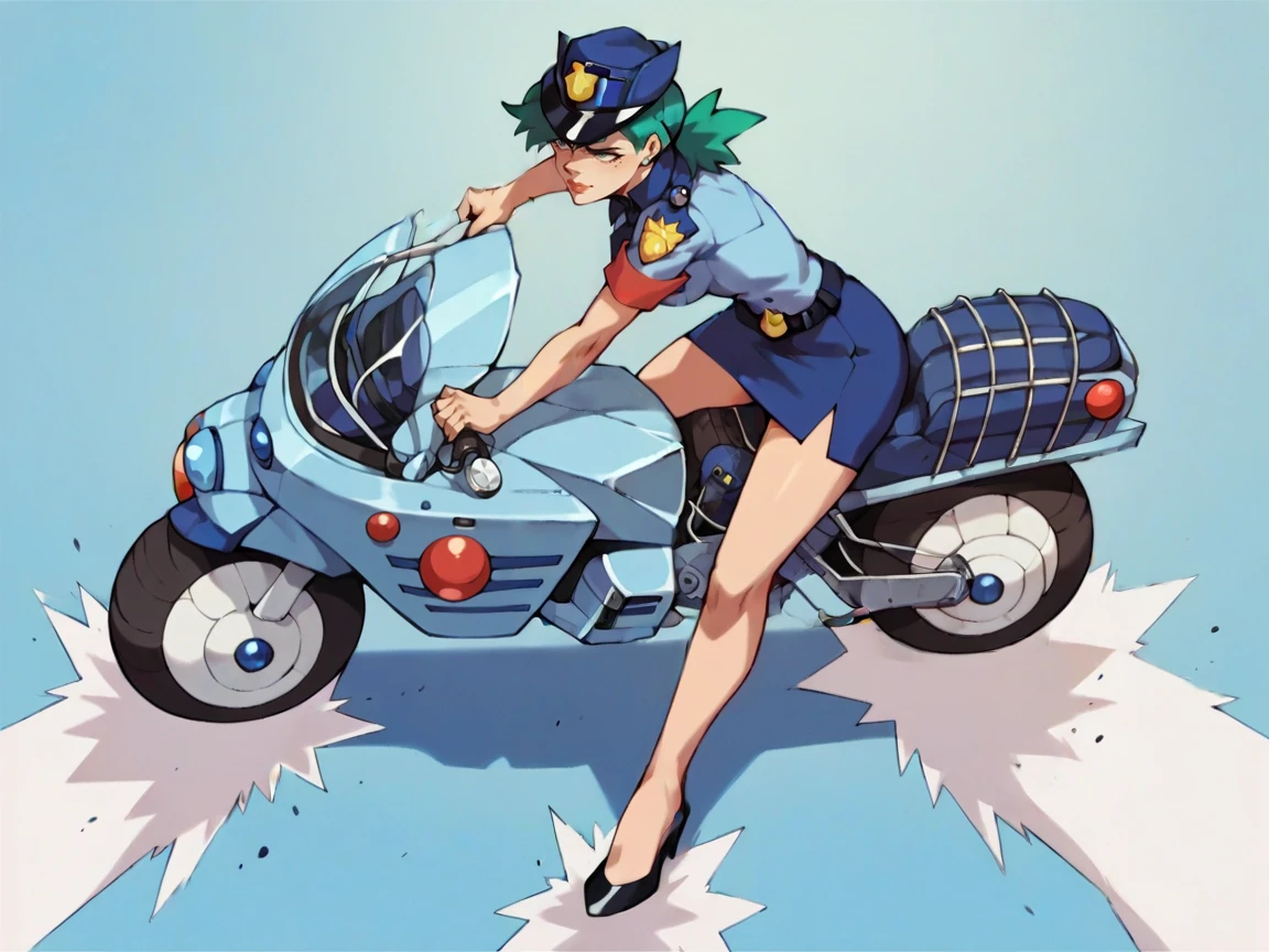 score_9, score_8_up, score_7_up, score_6_up, score_5_up,  <lora:AkiraslideXLP2:0.6> akira slide, 1girl, police uniform, police, ground vehicle, uniform, policewoman, hat, riding, skirt, motor vehicle, green hair, pencil skirt, motorcycle, 1girl, jenny \(pokemon\),6