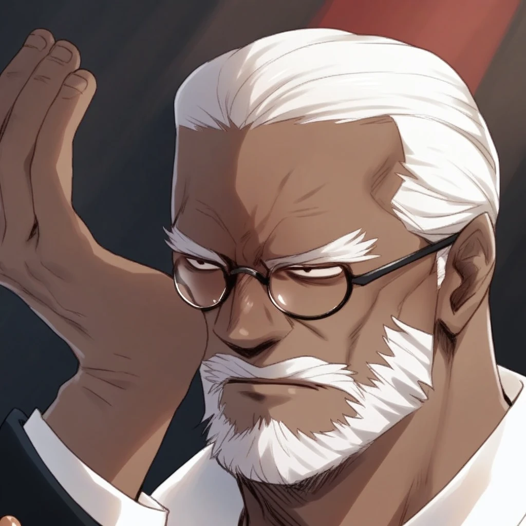 male focus, solo focus, solo, score_9, score_8_up, score_7_up, <lora:Capitan Kuro lifting glasses:1> 1 boy, dark skin, dark-skinned male, white hair, long hair, beard, facial hair, old man, old, wrinkly face,  Kuroliftingglasses, lifting glasses, adjusting glasses, glasses