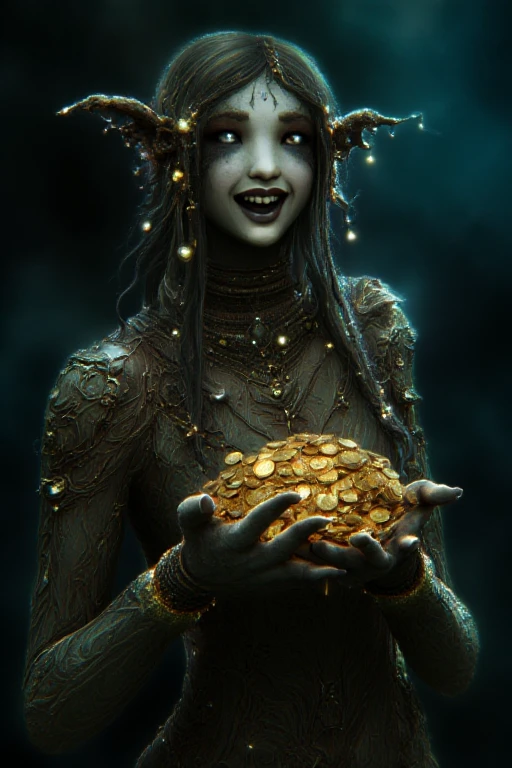 a beautiful elven woman with glowing silver eyes covered in golden sphere jewelry with a perfect ameshinART ethreal style laughing hystericlly while holding a pile of golden coins, isolated on a dark black misty background illuminated by cyan light