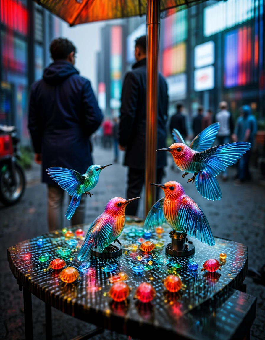 A street vendor sells robotic pets, including tiny, glowing beetles and neon-colored hummingbirds that flutter and chirp artificially.