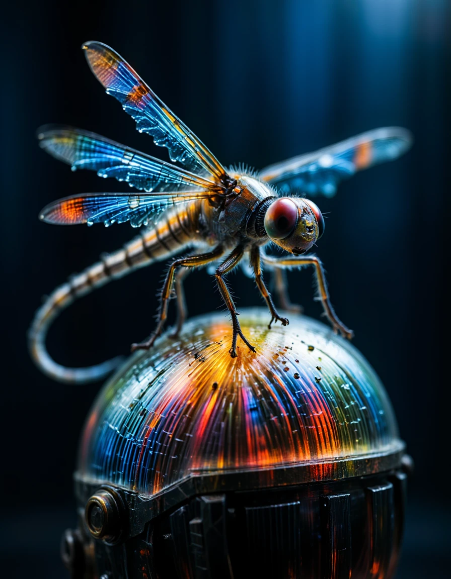 A nano-dragonfly lands on a glowing, cracked helmet, its wings buzzing with electric energy.