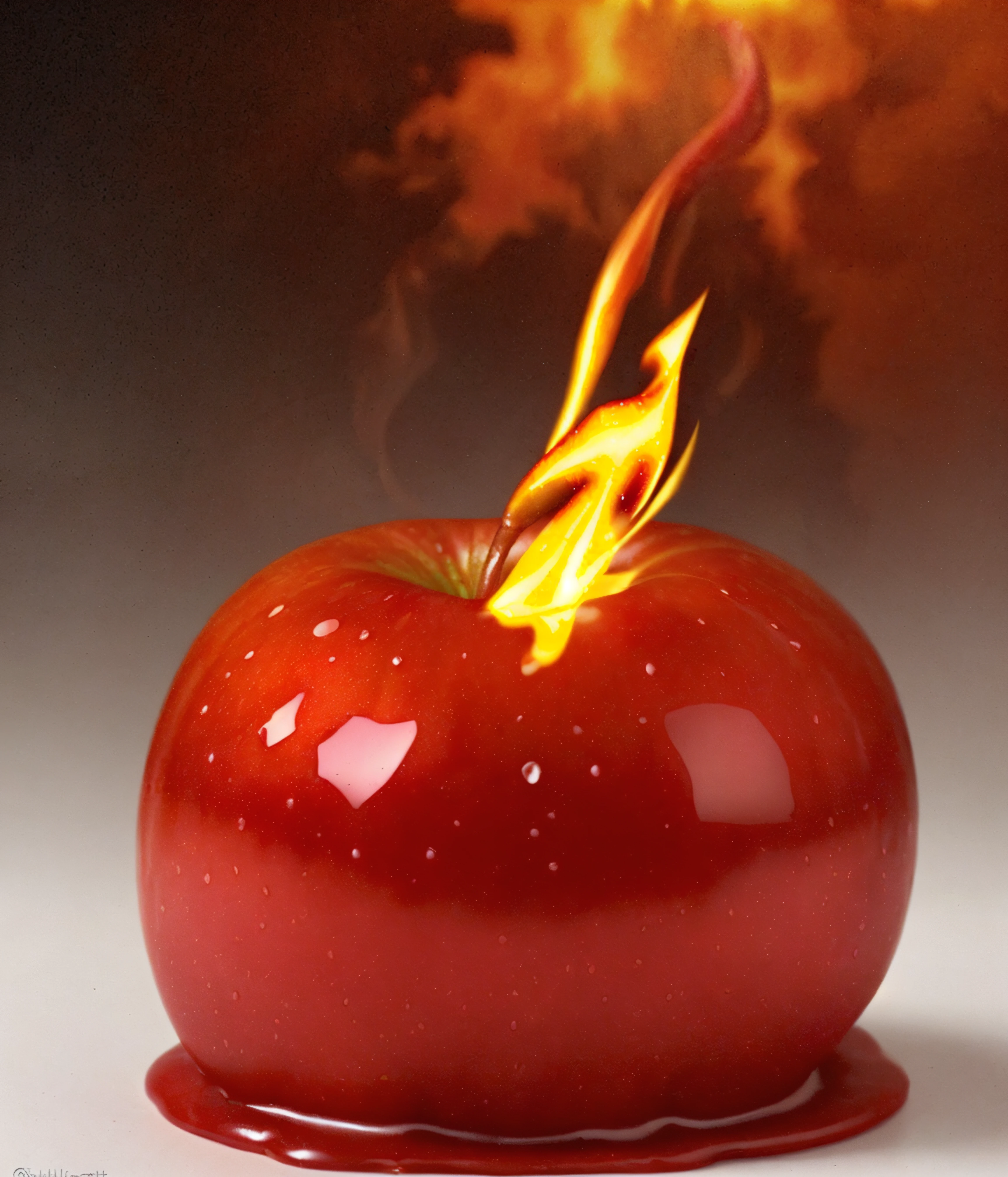 just an apple, (fire:1.3) background, (fire:1.4) apple cream, melting, fire (fire:1.2) melting, (halloween:1) theme, candy apple, (apple:1.1), candy,  <lora:MacadoAmor:0.1>