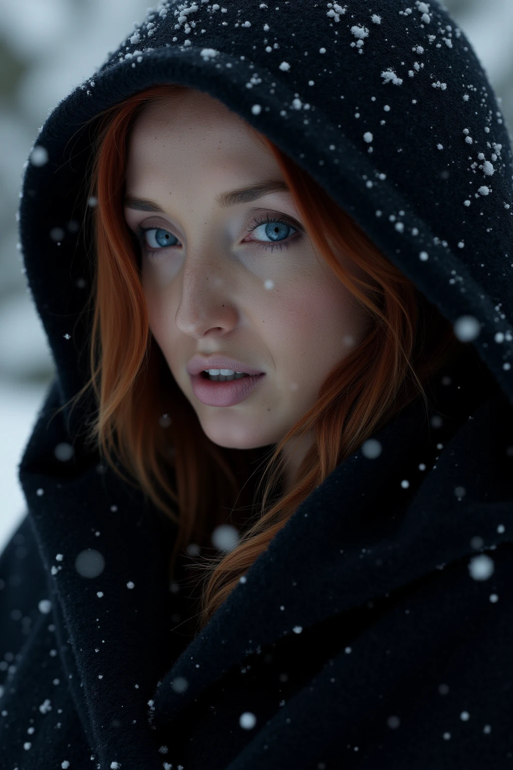 Photorealistic close-up of a redfox woman in a dark, snow-dusted cloak, wintry background, with her eyes reflecting the soft light of the snow-covered landscape cinematic lighting, extremely intricate detail character, extremely intricate skin and facial skin texture detail, lifelike potrayal, extremely realistic lighting, extreme dynamic pose. Extremely sharp detail, snowing, snow flakes,render