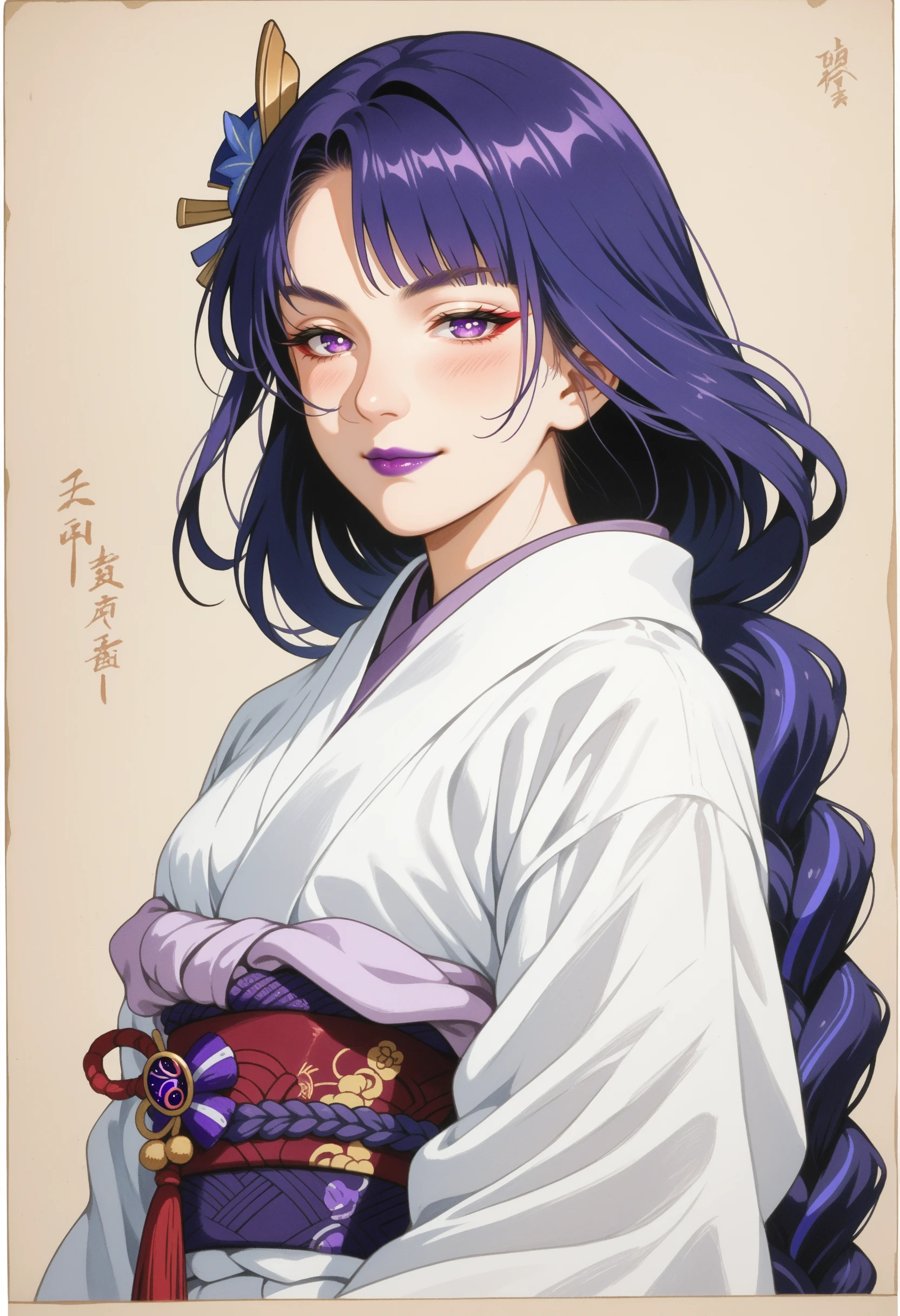 score_9, score_8_up, score_7_up, source_anime, <lora:wrenchJapaneseWoodblock:1>, wrnvhjapwbl, traditional media, raiden shogun, light smile, purple lipstick, japanese clothing,