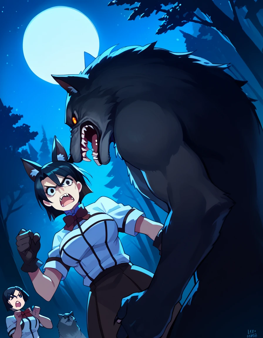 score_9, score_8_up, score_7_up, source_anime, <lora:kanako-miyamae-s2-ponyxl-lora-nochekaiser:1>, kanako miyamae, short hair, black hair, black eyes, large breasts,, <lora:werewolf-ponyxl-lora-nochekaiser:1>, werewolf, furry, fangs, animal ears, gloves, angry, teeth, animal ear fluff,, forest, night, moon, open mouth, , dutch angle, cowboy shot