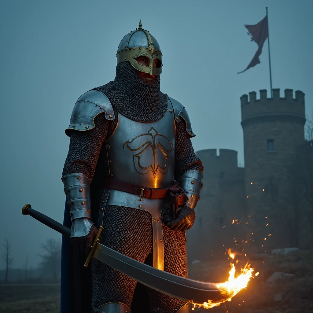 A towering knight stands in the glow of a flickering torchlight, clad in battle-worn armor. Their helmet is a viking helmet, crafted from dull, tarnished steel, with rust creeping along the edges. The knight grips a massive two-handed sword, the blade resting on the ground. Behind them, a stone castle looms ominously in the fog, banners torn and swaying in the cold night wind. The scene is heavy with tension, the air thick with anticipation of an impending battle.