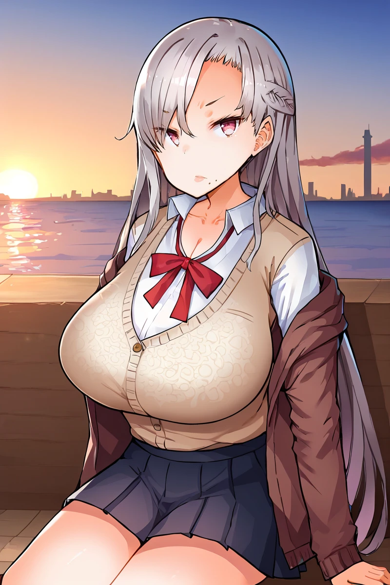 score_9, score_7_up,
BREAK
solo, 1girl, looking at viewer, closed mouth, bored,, 
BREAK
<lora:KishiroRen-v2:1>, Kishir0-R3n, pink eyes, grey eyes, grey hair, very long hair, large breasts, curvy, mole under mouth,
brown cardigan, brown jacket, long jacket, collarbone, cleavage, collared shirt, dress shirt, long sleeves, off shoulder, cardigan, open jacket, white undershirt, wing collar, loose neck ribbon, red ribbon, school uniform, pleated skirt, black skirt, miniskirt, layered cardigan, white socks, loafers,
BREAK
Sitting, stump,
port, harbor, city, building, ocean, blue sky, clouds, day,