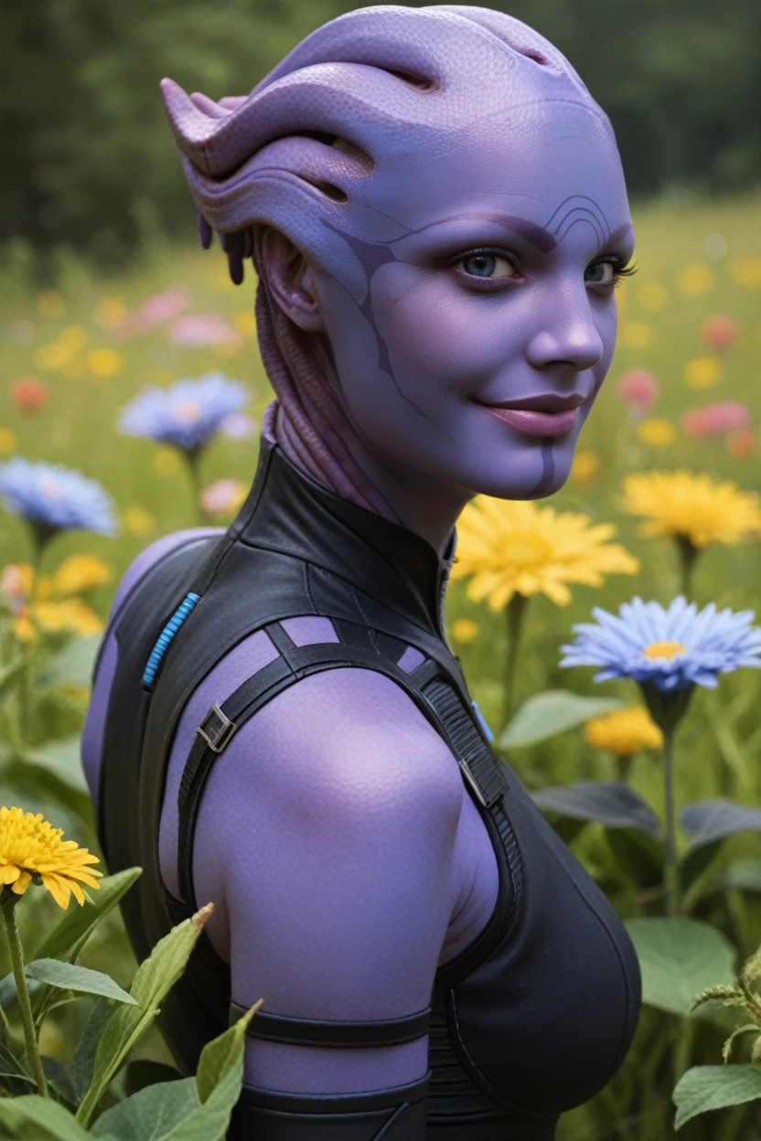 score_9, score_8_up, score_7_up,
<lora:MEAria:0.8>
MEAria, 1girl, purple skin, blue eyes, alien, looking at viewer, from side, wink, happy, smile, closed mouth, peace sign, flowers, meadow