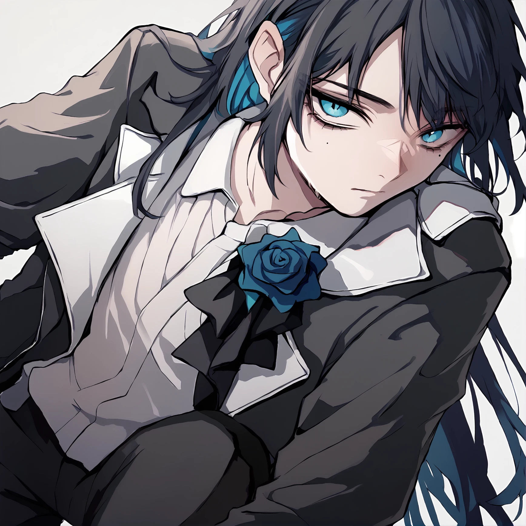 adolora, 1girl, solo, black hair, blue eyes,  long hair, mole, pants, mole under eye, blue hair,  multicolored hair, colored inner hair,   <lora:ado-lora-2:1>, close-up,  blue flower, rose, flower, jacket, black pants, suit, score_9, score_8_up, score_7_up, score_6_up, score_5_up, score_4_up,