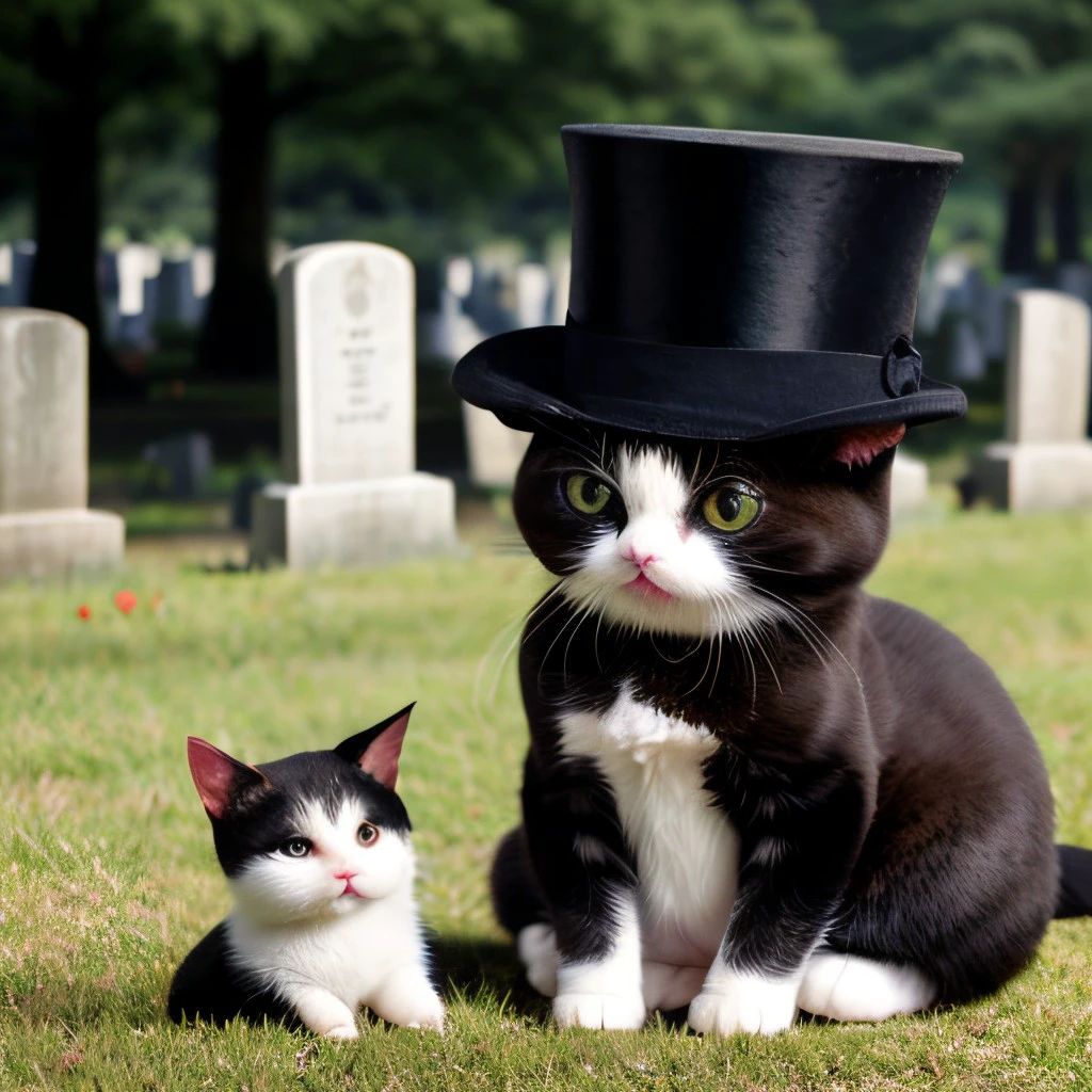 cute animal cat with tophat at the cemetery, <lora:TopHatConcept:0.8>