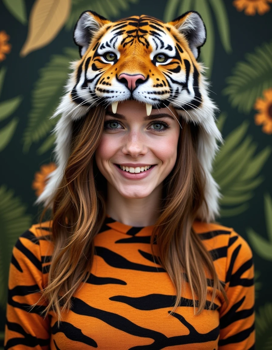 88nimalhd <lora:88nimalhd_rank8_bf16-step01000:1>,  Front view image of Emma Watson wearing a tiger headdress and color matching clothes with a matching jungle-themed background, looking at the viewer with a smile.