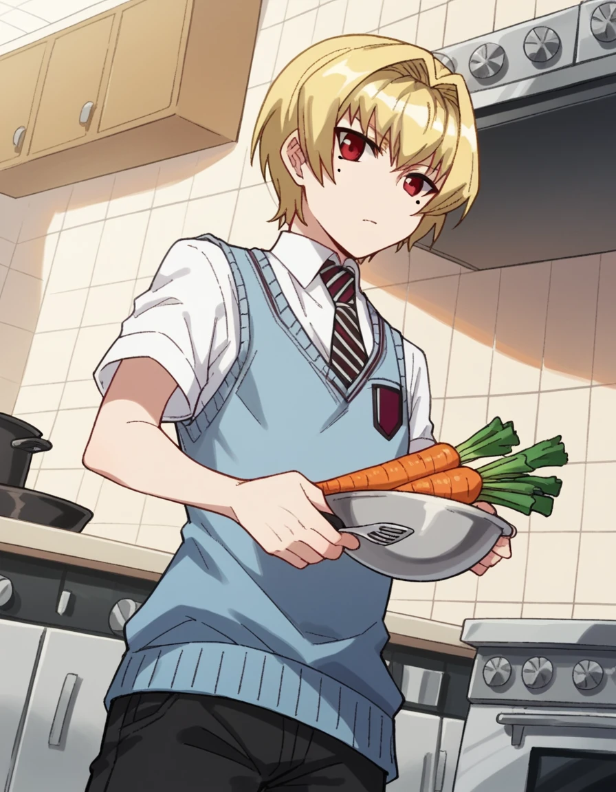 score_9, score_8_up, score_7_up, source_anime, <lora:mariya-shidou-s2-ponyxl-lora-nochekaiser:1>, mariya shidou, short hair, blonde hair, red eyes, mole, mole under eye, androgynous,, school uniform, necktie, sweater vest, pants, black pants, collared shirt, blue vest,, kitchen, cooking, apron, cutting vegetables, home cooking, , from below, looking at viewer, solo,, dutch angle, cowboy shot