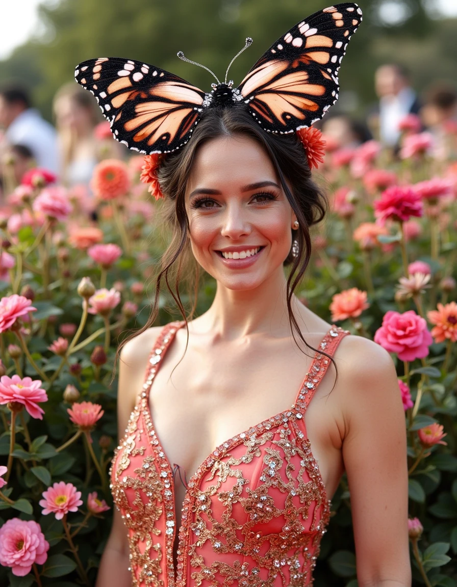 88nimalhd <lora:88nimalhd_rank8_bf16-step01000:1>,  Front view image of person wearing a butterfly headdress and color matching clothes with a matching flower garden-themed background, looking at the viewer with a smile.