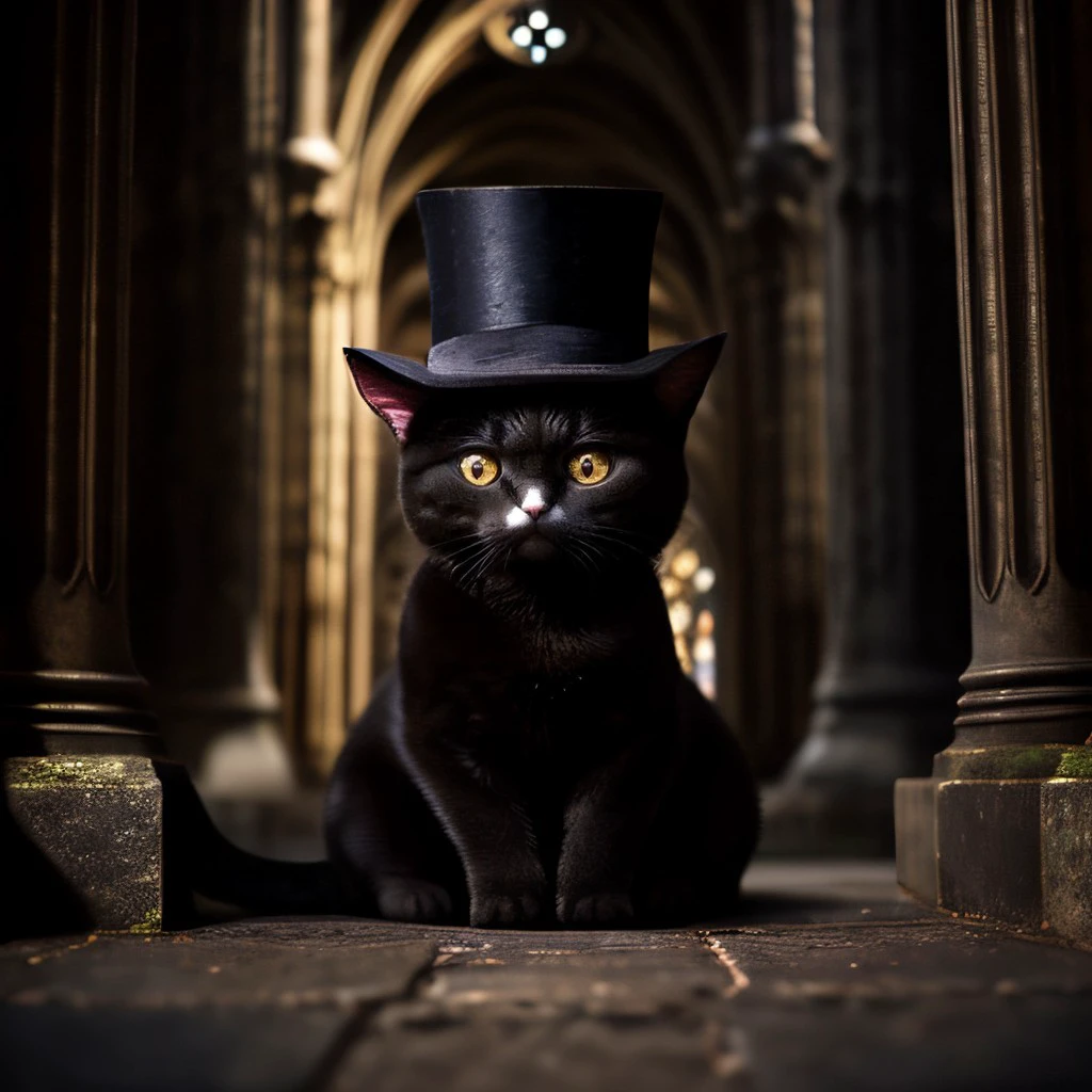 intricate photo, cute animal cat with tophat in a cathedral, gothic art, 8K <lora:TopHatConcept:0.9>