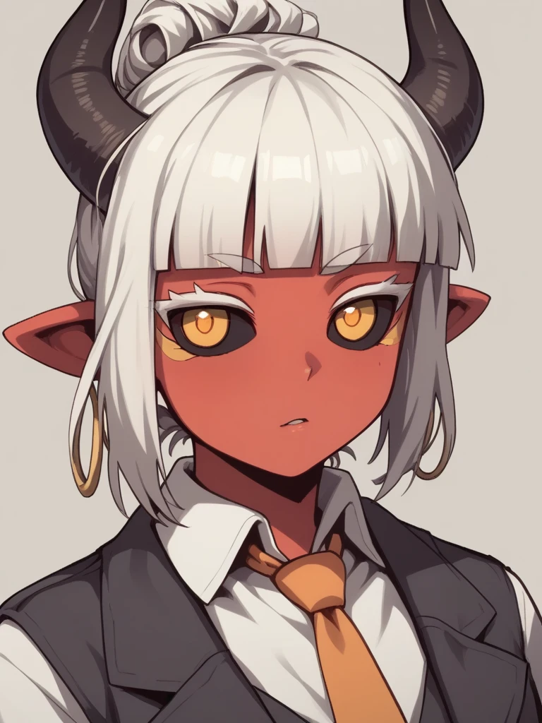 score_9, score_8_up, score_7_up, score_6_up, score_5_up, score_4_up, detailed eyes, beautiful eyes, <lora:Demon_Merchant:0.6> demon, demon girl, red skin, black sclera, orange eyes, marks under eyes, white hair, blunt sidelocks, blunt bangs, single hair bun, horns, short eyebrows, thick eyelashes, collared shirt, orange necktie, waistcoat,