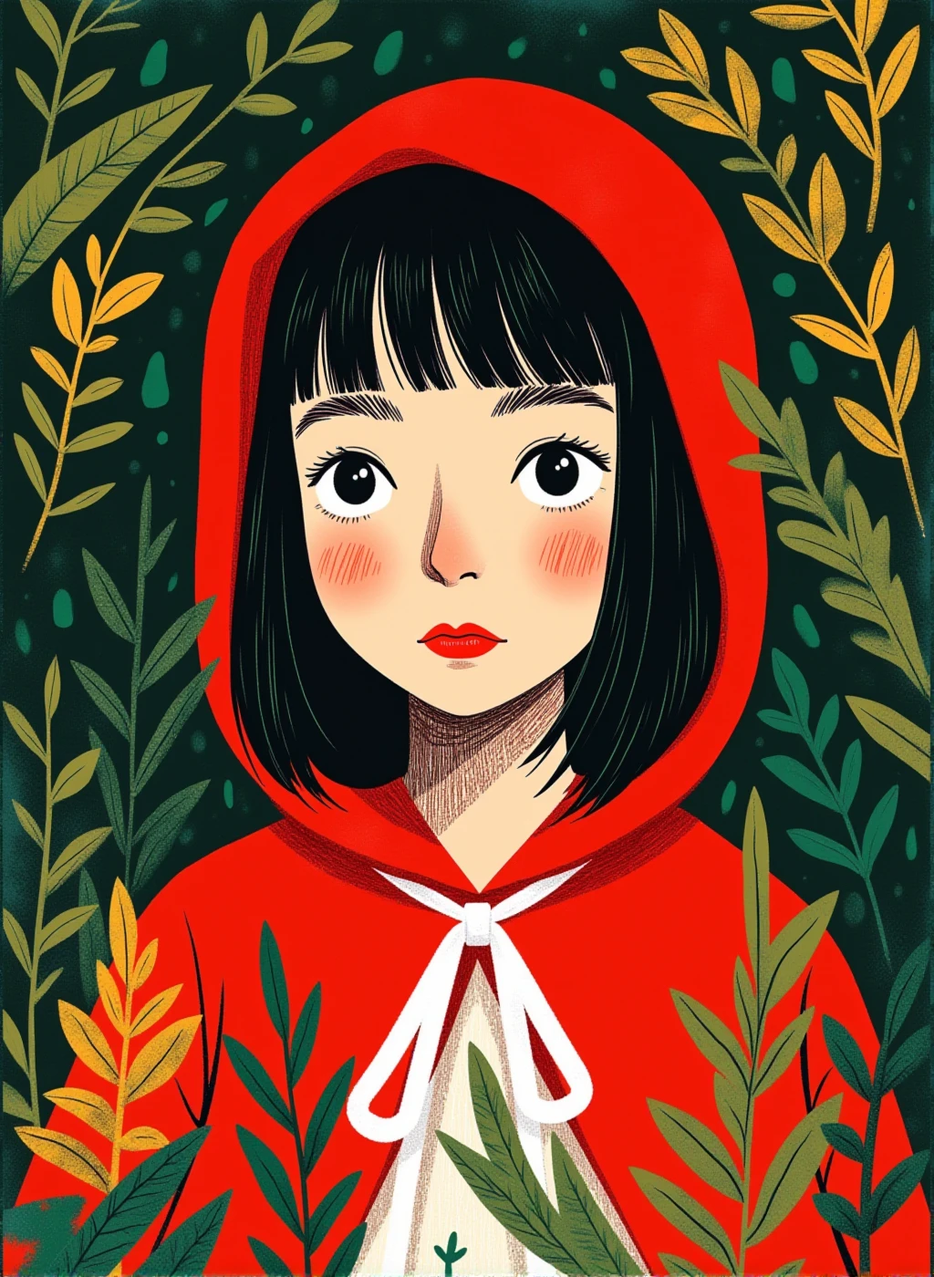 r0ygb1v This image is a digital illustration depicting an extreme closeup of a Little Red Riding Hood character face in a forest, she has a white ribbon on her collar, upper body view, medium complexion, the plants have brush texture and dappling, minimalist shapes, simple colors, abstract