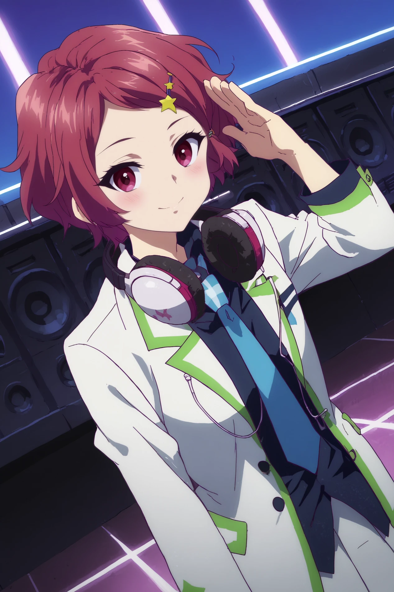  koito minase,1girl,solo,smile,headphones around neck,headphones,necktie,short hair,hair ornament,hairclip,star (symbol),star hair ornament,looking at viewer,school uniform,jacket,lowlight,low light,oily skin,shiny_skin,upper body,smile,good_hands,pantyhose,leaning_forward,two-finger_salute,dutch angle BREAK indoors,nightclub,music,lights, dancefloor, DJ, speakers,shadows,led,pink neon led   <lora:Koito_Minase_-_Musaigen_no_Phantom_World.safetensors:0.8> <lora:detailed_backgrounds_v2.safetensors:0.7> <lora:lowlight.safetensors:0.7>