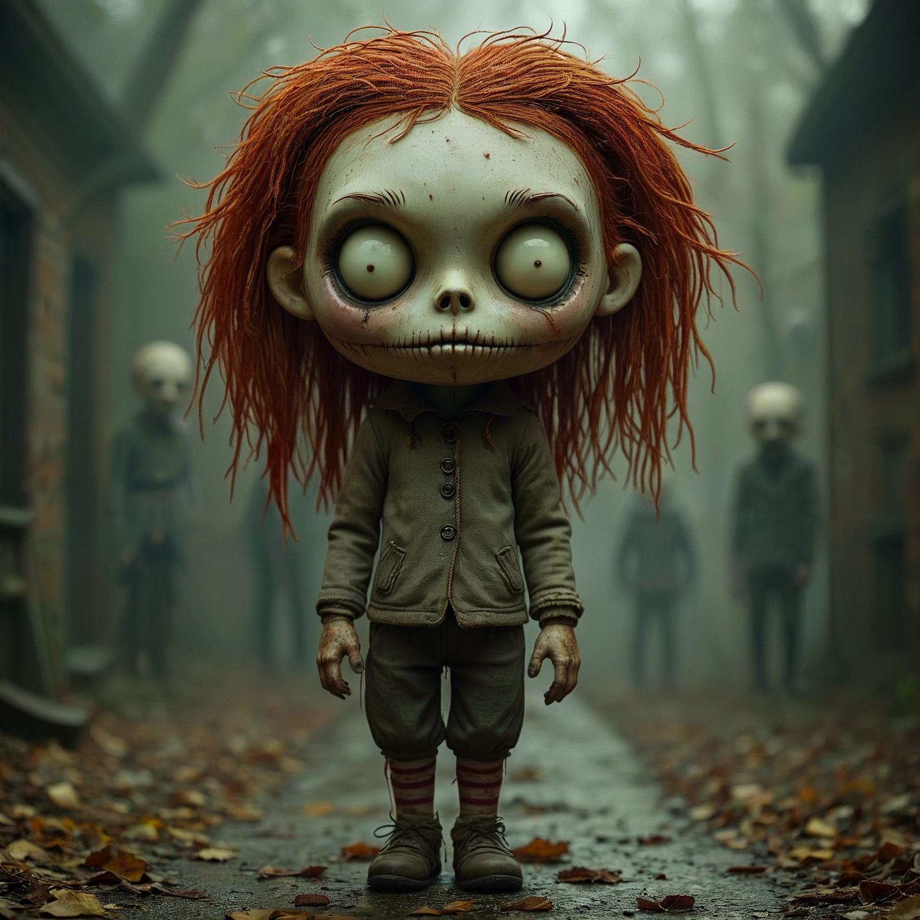 Haunted Annie. She has wild red hair, empty haunting eyes. Dressed in threadbare clothes.

<lora:FrightNight01_CE_SDXL_64x32x180x2bOT:0.6> frghtnghtCE style