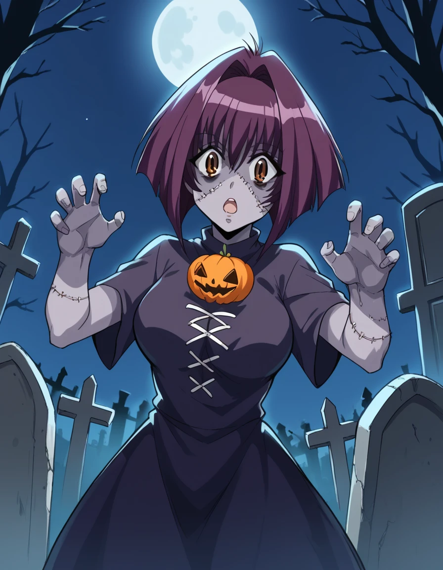 score_9, score_8_up, score_7_up, source_anime, <lora:karin-maaka-s1-ponyxl-lora-nochekaiser:1>, karin maaka, short hair, brown eyes, purple hair, hair intakes, bangs, large breasts,, <lora:zombie-ponyxl-lora-nochekaiser:1>, zombie, colored skin, stitches, grey skin, multicolored skin, stitched face, zombie pose, halloween, halloween costume,, night, moon, graveyard, tombstone, grave, open mouth, , dutch angle, cowboy shot