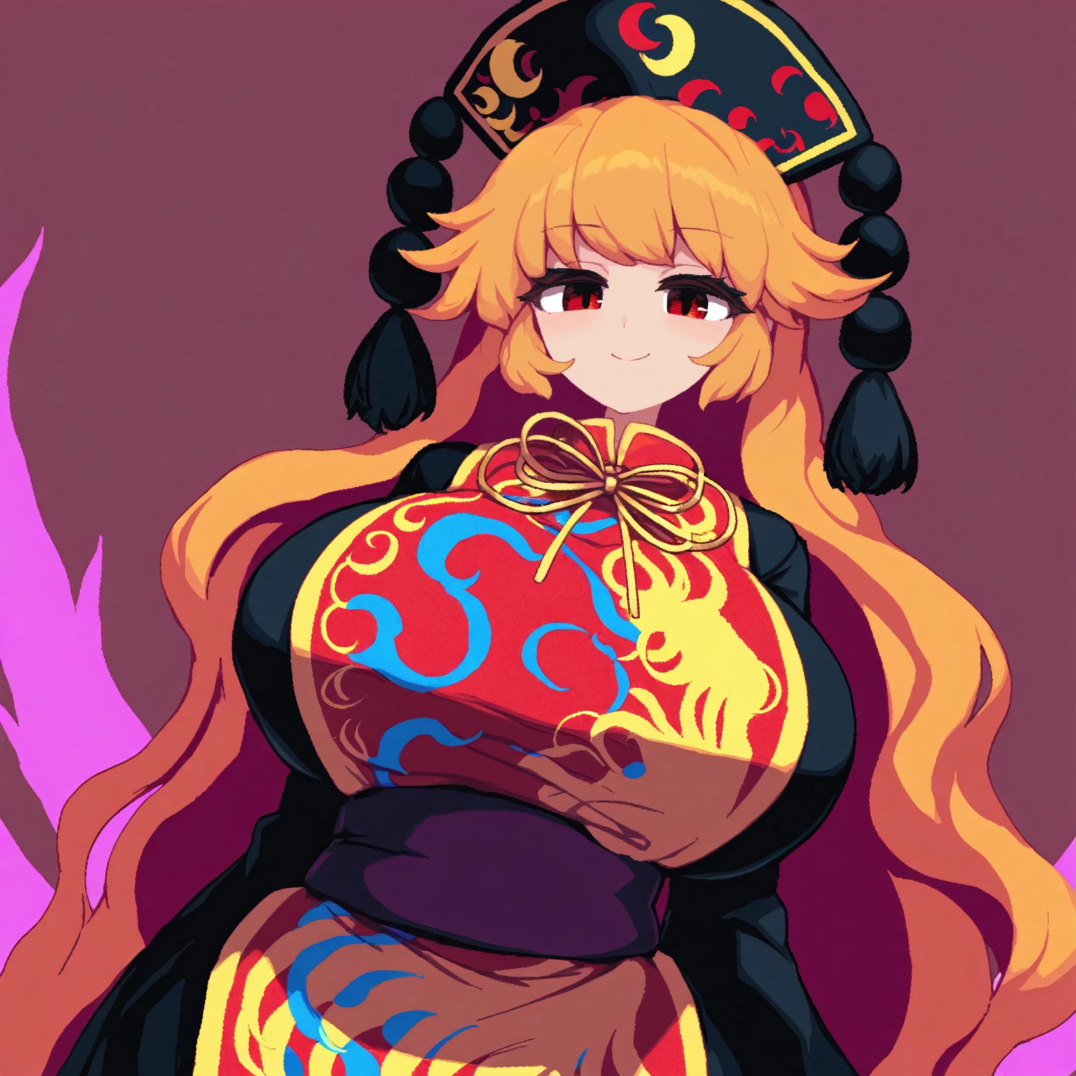 masterpiece, best quality, general, 1girl, solo, junko \(touhou\), tail, huge breasts, wide hips, narrow waist, (jitome:0.6), closed mouth, smile, (leaning_back:1.2), looking at viewer, breast focus, uncensored <lora:takorin_ILXL_v2:1>