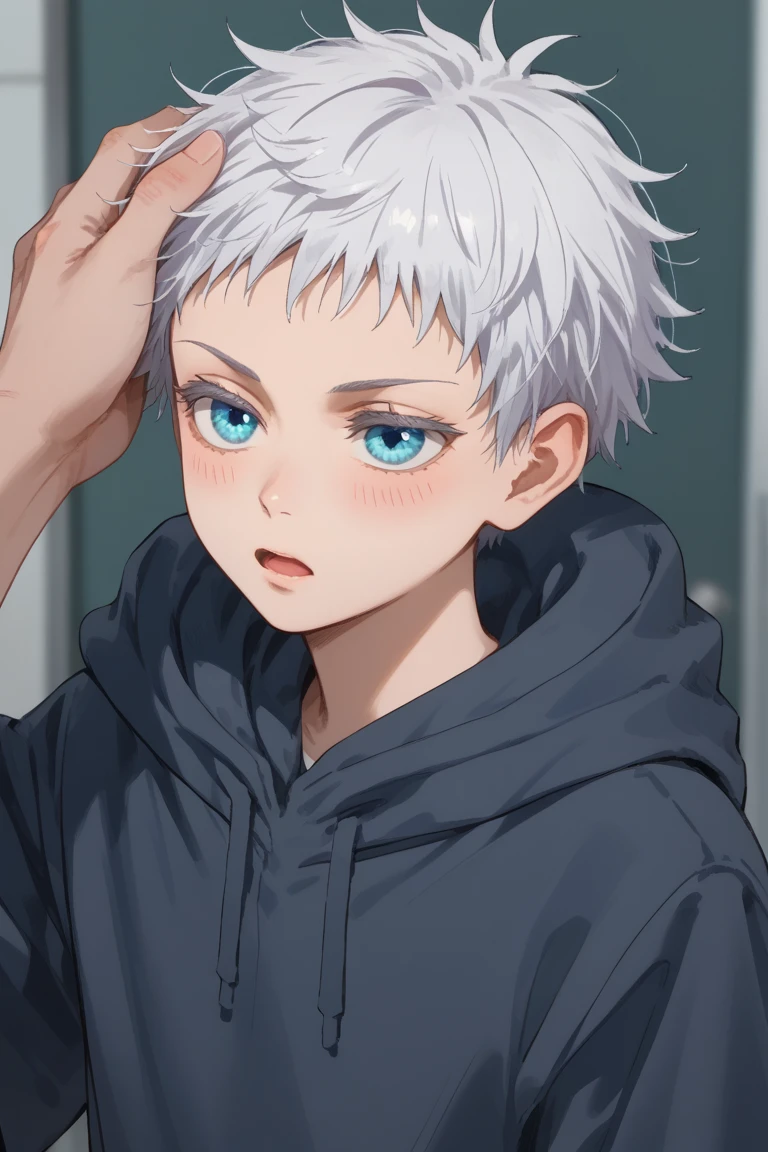 score_9, score_8_up, score_7_up, score_6_up, score_5_up, score_4_up, yg_gojo, white hair, blue eyes, 1boy, hood, short hair, male focus, blush, hoodie, solo focus, hood down, headpat, out of frame, upper body, 1other, open mouth, looking away