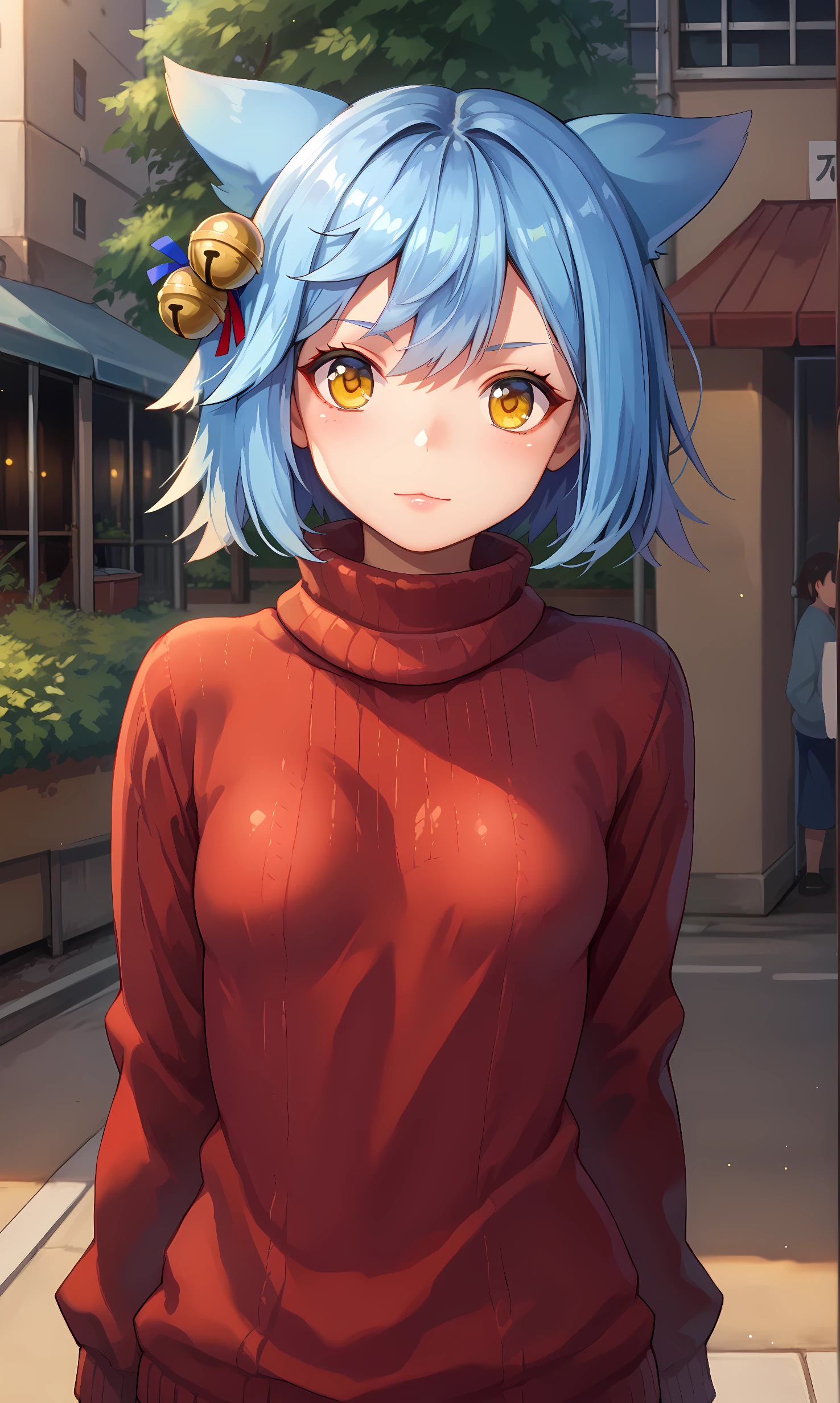 score_9, score_8_up, score_7_up, source_anime, 1girl, solo, outdoors, street, cowboy shot, looking at viewer, shiny skin, fubuki, yellow eyes, blue hair, short hair, fox ears, hair bell, standing, fubuki, yellow eyes, blue hair, short hair, fox ears, hair bell, ribbed sweater, sweater dress, turtleneck, long sleeves