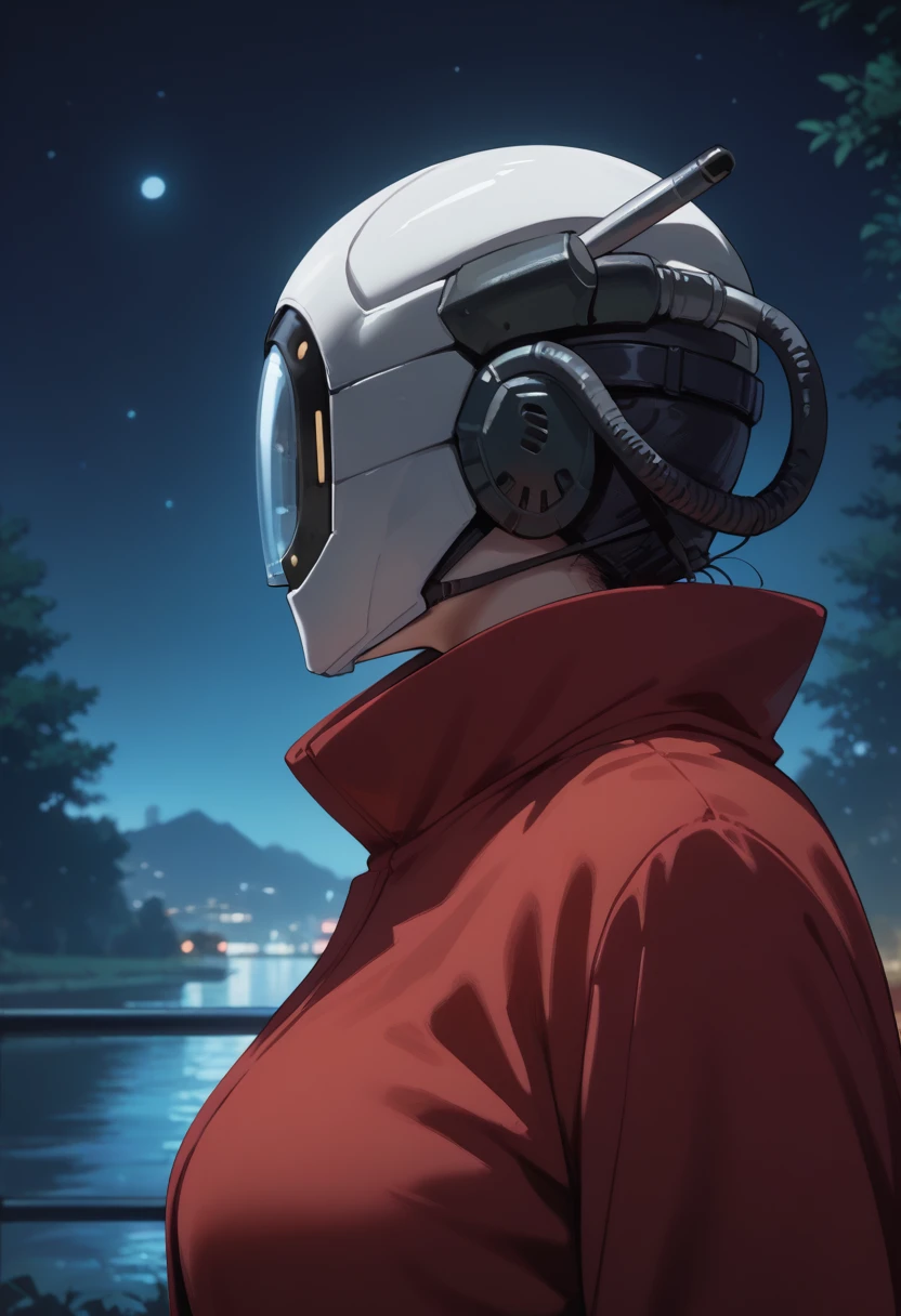 score_9, score_8_up, score_7_up, score_6_up, source_anime, absurdres, highres, 
csjammers, helmet, covered face, science fiction, 
from side, profile, upper body, 
1girl, solo, 
large breasts, red coat, high collar,
night, outdoors, portrait,
 <lora:Cymatic_Scan_Jammers:1.0>