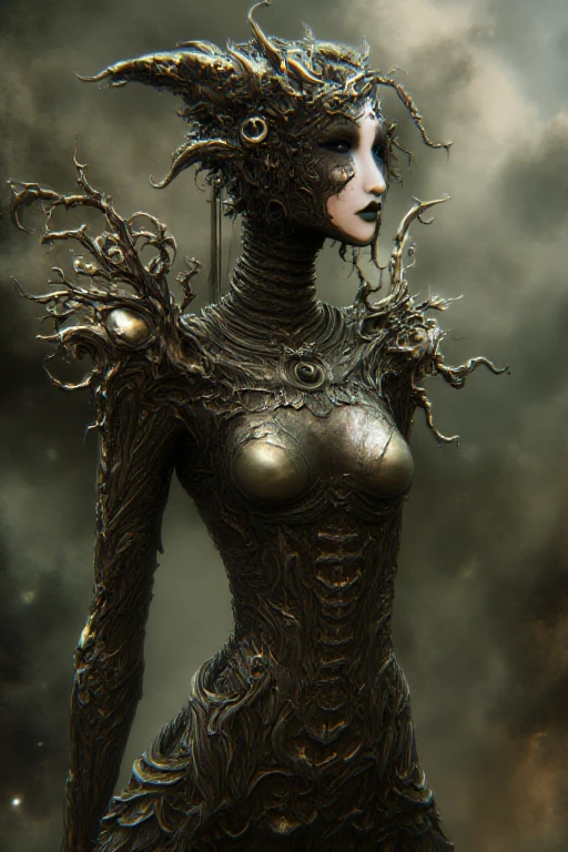 a stunning alien wearing a pure metal corset with a beautiful design by ameshinART looking down on earth as it illuminates her