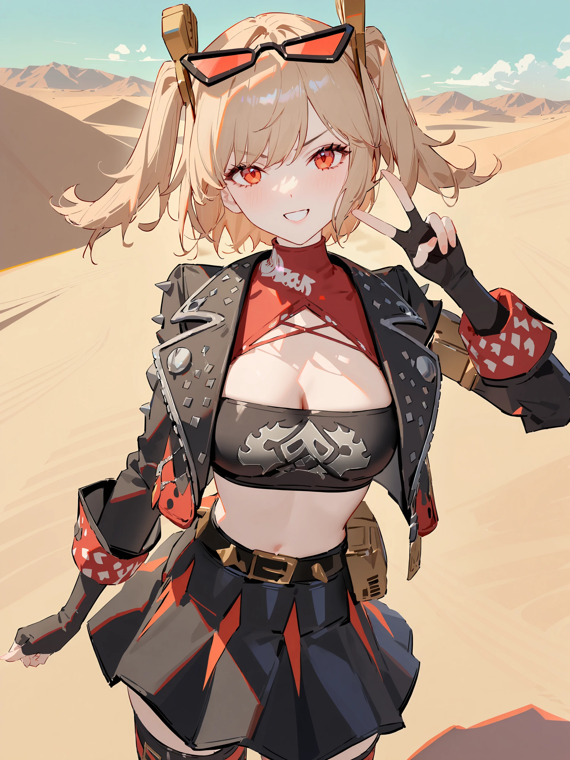 1girl, burnice white, twintails, black skirt, hair ornament, sunglasses on head, latex thighhighs, smile, cropped jacket, fingerless gloves, sleeveless turtleneck, tube top, cowboy shot, standing, grin, v-shaped eyebrows, looking at viewer, v, floating hair, outdoors, desert   <lora:Char-ZZZ-Burnice-V1-SDXL:0.9>, masterpiece, best quality, very aesthetic, ray tracing, newest,(hitenkei, askzy:0.5), [<lora:detailed_notrigger:0.95>::0.5]