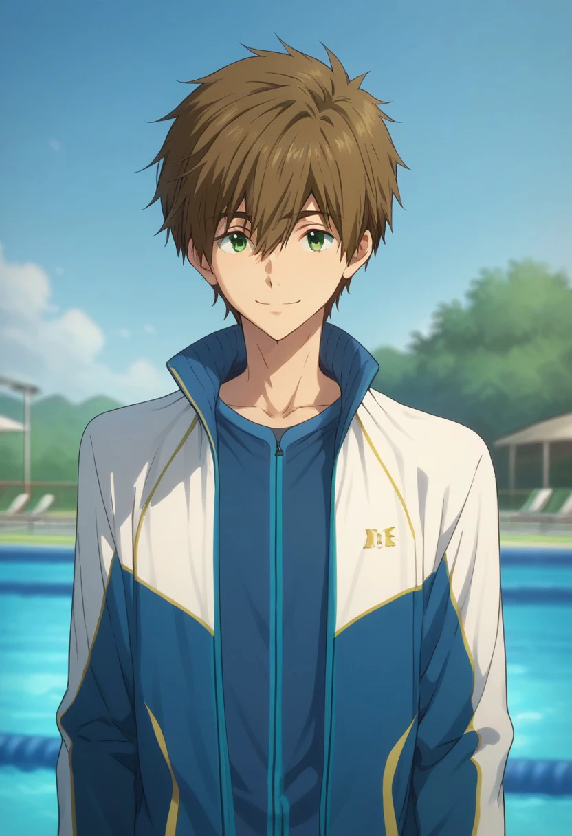 score_9, score_8_up, score_7_up, source_anime, highly detailed, 

makoto,1boy, male focus, solo, brown hair, hair between eyes, green eyes, jacket, track jacket, track suit,
slender, skinny, smile, closed mouth,
outdoor, sky, pool,