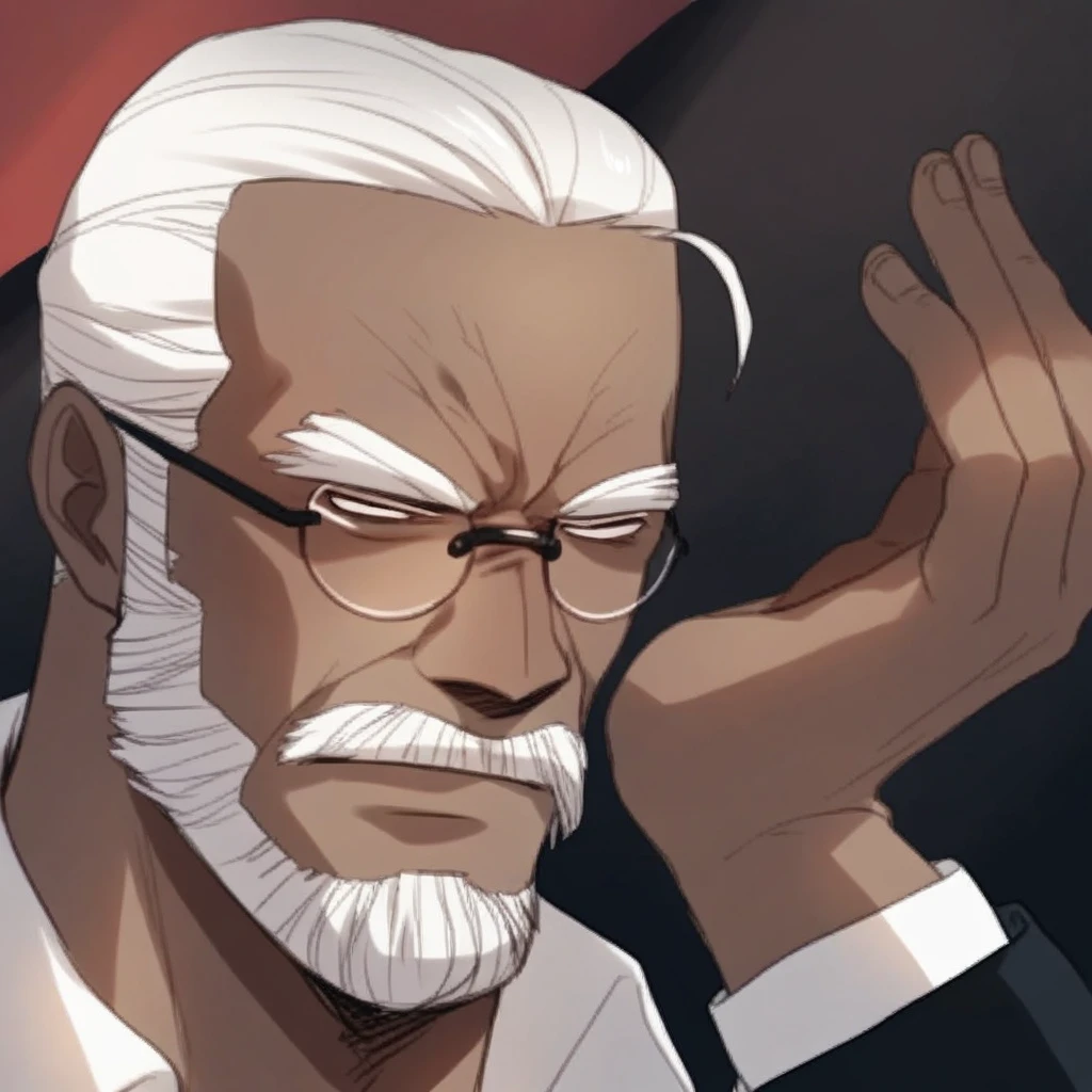 male focus, solo focus, solo, score_9, score_8_up, score_7_up, <lora:Capitan Kuro lifting glasses:1> 1 boy, dark skin, dark-skinned male, white hair, long hair, beard, facial hair, old man, old, wrinkly face,  Kuroliftingglasses, lifting glasses, adjusting glasses, glasses