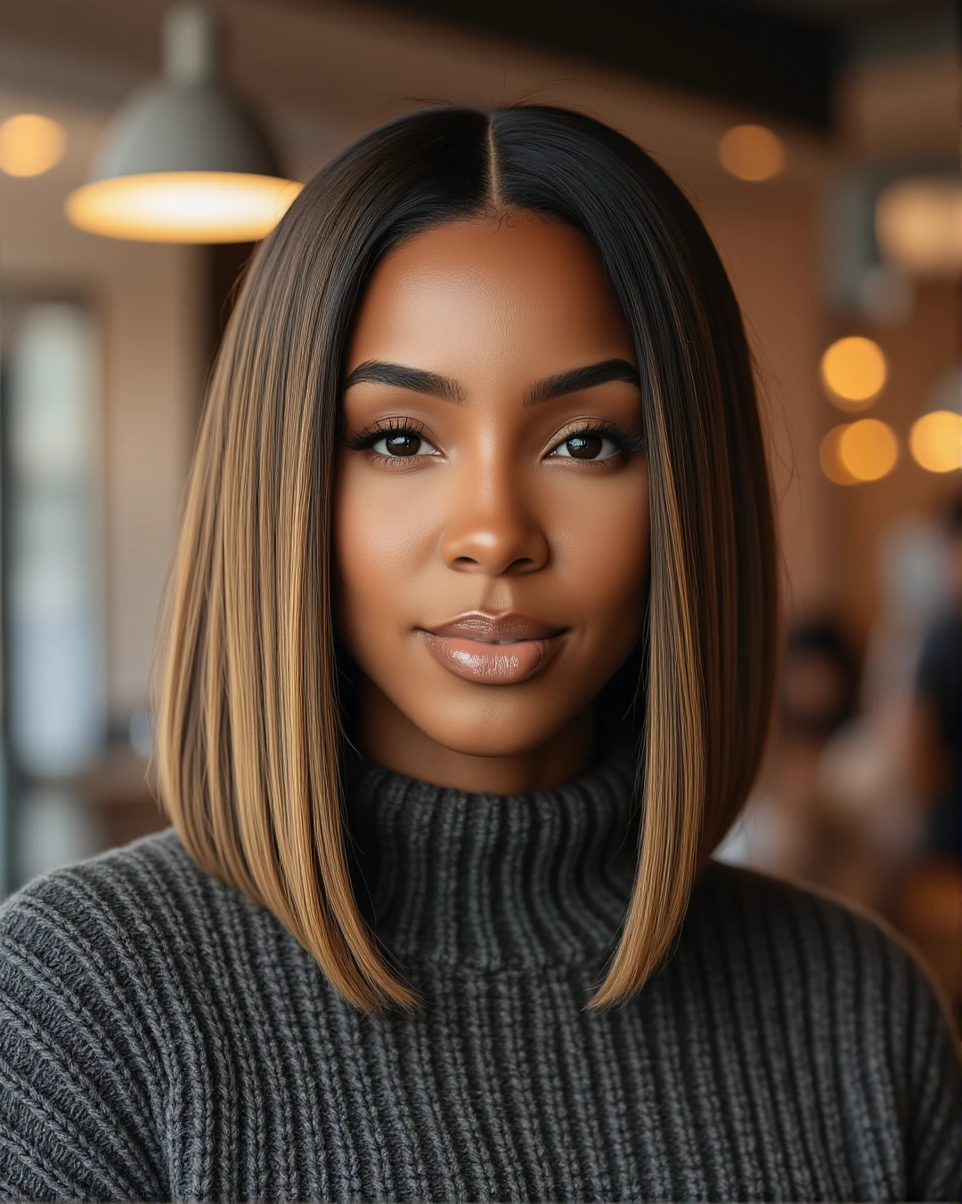 headshot portrait, modern photography style starring beautful ebony woman with model-like features in a professional photoshoot, chestnut blond straight bob hair.studio lighting casual starbucks cafe setting. Wearing simple knit turtleneck sweater.  feminine confiedent smirk expression on her face while looking at the viewer. aidmaMJ6.1