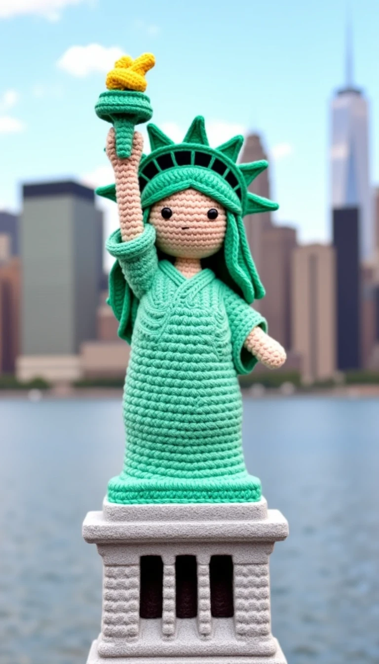 a crocheted Statue of Liberty, NYC skyline in background, in the style of CRCHTD