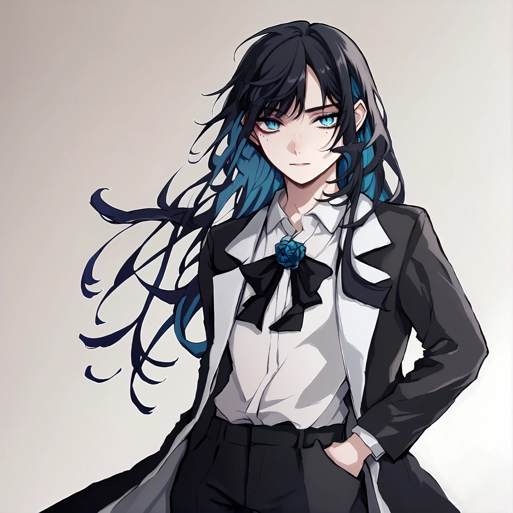 <lora:ado-lora-2:1>,  adolora, 1girl, solo, black hair, blue eyes, white background, shirt, long hair, mole, pants, mole under eye, white shirt, blue hair, formal, collared shirt, multicolored hair, jacket, black pants, suit, colored inner hair, score_9, score_8_up, score_7_up, score_6_up, score_5_up, score_4_up,