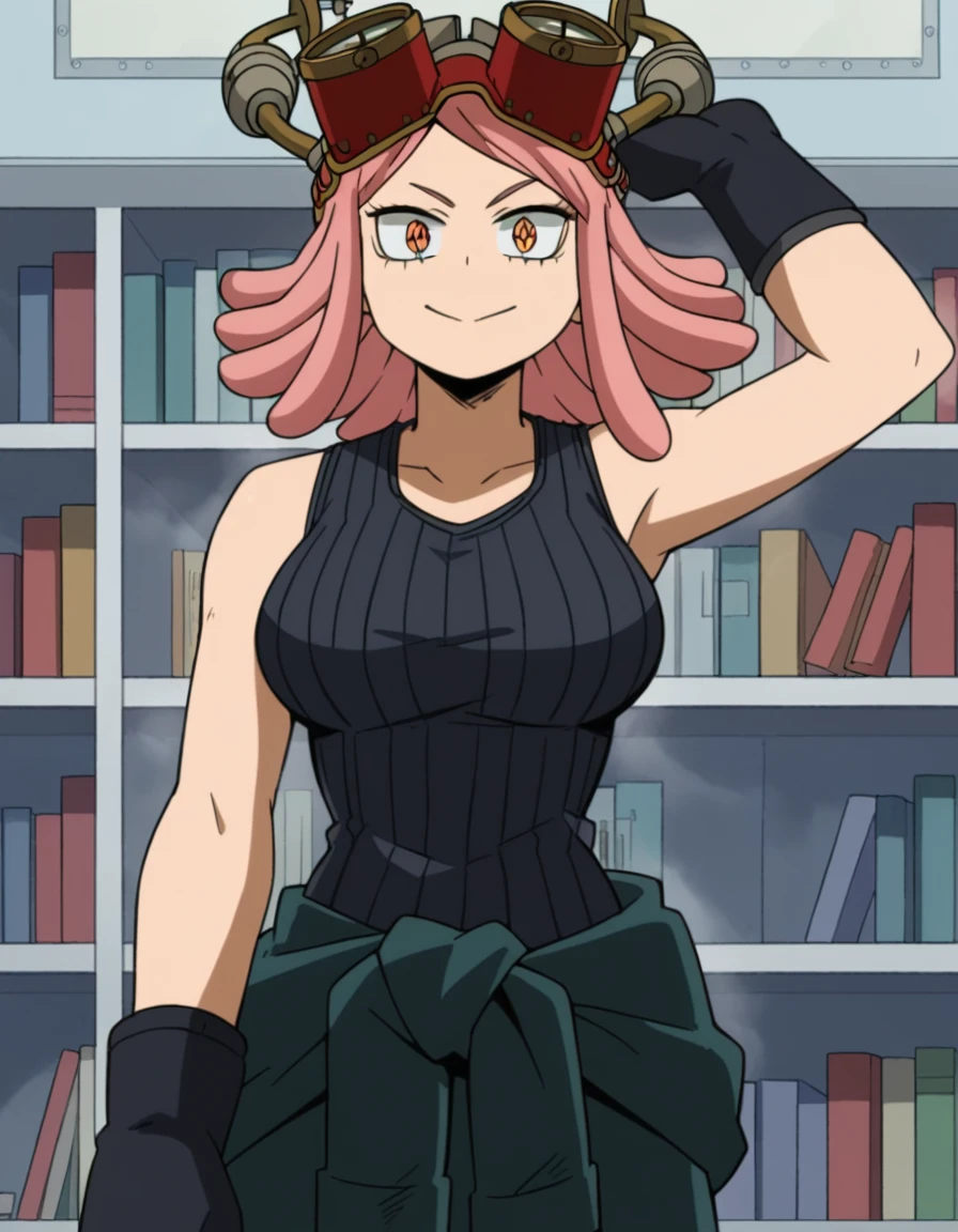 score_9, score_8_up, score_7_up, source_anime, <lora:mei-hatsume-s3-ponyxl-lora-nochekaiser:1>, mei hatsume, yellow eyes, pink hair, medium hair, symbol-shaped pupils, large breasts,, gloves, sleeveless, black gloves, tank top, goggles, goggles on head, partially fingerless gloves, clothes around waist, ribbed shirt,, bookstore, browsing shelves, new book smell, finding a favorite, quiet atmosphere, , hand behind head, , looking at viewer, solo,, dutch angle, cowboy shot