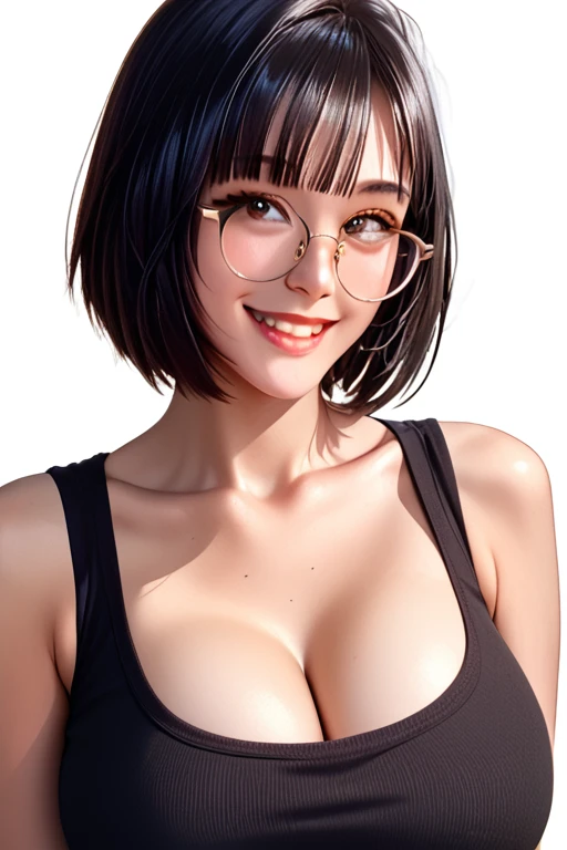 score_9, score_8_up, score_7_up, white background <lora:Larissa_XL:1> 1girl, short hair, black hair, large breasts, glasses, smile,