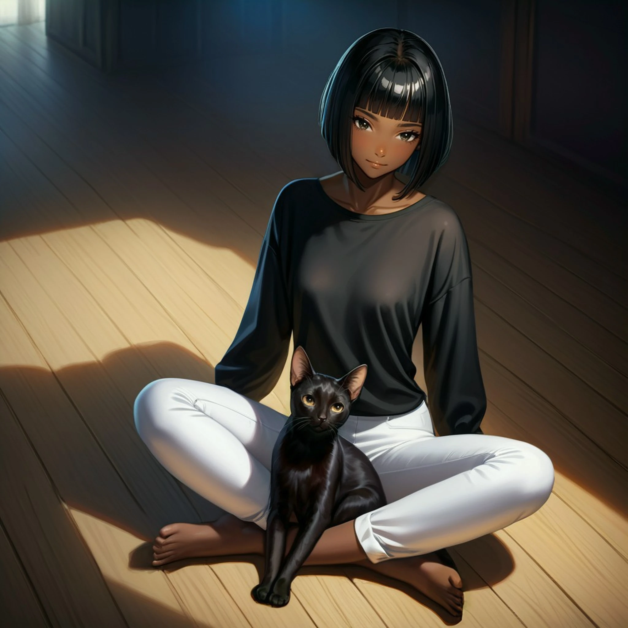 1girl, sexy, [(egyptian:0.5)::0.1], inverted bob, blunt bangs, short bangs, black hair,(dark skin:0.7), black eyes,detailed eyes, (tsurime:0.5), small breasts, light smile, (looking down:1.5) 
[oversized black t-shirt:arabian clothes:0.5],puffy long sleeves, white pants,(puffy:1.5) arabian pants, 
sitting on wood floor, drop shadow
hugging (small:1.1) black cat, relaxed
[realistic::0.01]
<lora:DobunezuMix-AAM:0:1>
best quality, good quality,