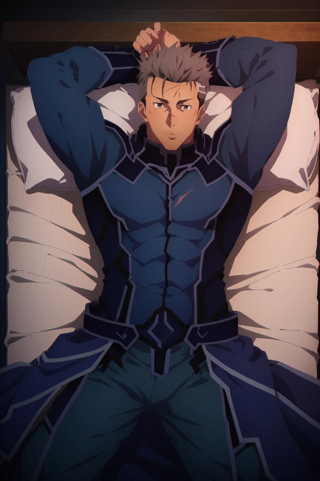 score_9, score_8_up, score_7_up, score_6_up, content rating, bara, 1boy, solo, muscular, alternate muscle size, Vixur, grey hair, grey eyes, multicolored hair, scar, full-face blush, saliva, on back, full body, bedroom background, bedroom, on bed, perfect anatomy, best quality, masterpiece, high resolution, best aesthetic, extremely detailed, sharp shadows, direct lighting, vibrant colors, glow effect, bloom, edge color fringing, chromatic aberration, entity shadow, subsurface scattering, mature, masculine, manly, virile, handsome, brave, charming, alluring, source_anime \(Sword Art Online Alicization War of Underworld\), Vixur Ul Shasta \(Sword Art Online Alicization War of Underworld\), zPDXL3,  <lora:add-detail-xl:1>,  <lora:Vixur_Ul_Shasta_-_SAO-WOU-TEST-2:1>