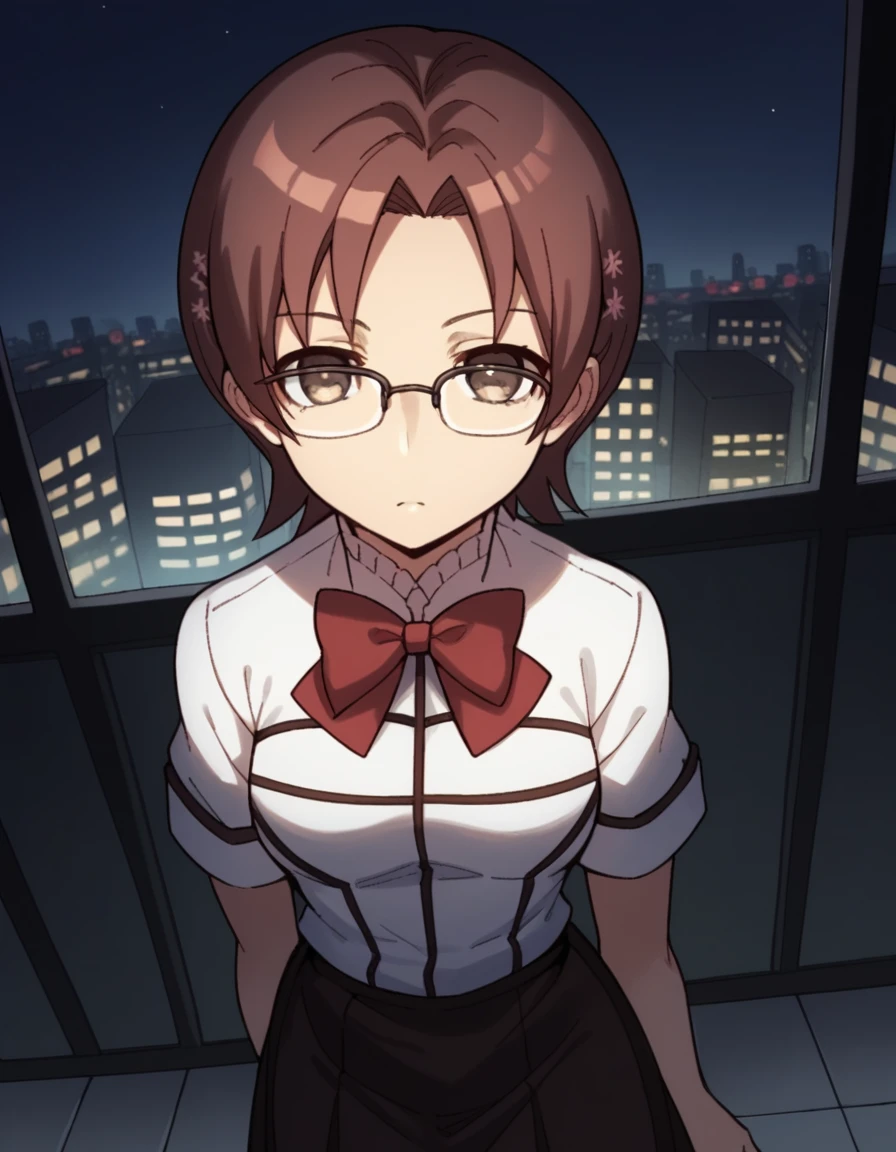 score_9, score_8_up, score_7_up, source_anime, <lora:nanami-kiri-s2-ponyxl-lora-nochekaiser:1>, nanami kiri, short hair, brown hair, brown eyes, glasses, medium breasts,, skirt, bow, school uniform, long skirt, short sleeves, bowtie, red bowtie,, city skyline, rooftop view, night time, city lights, quiet reflection, , from above,, looking at viewer, solo,, dutch angle, cowboy shot