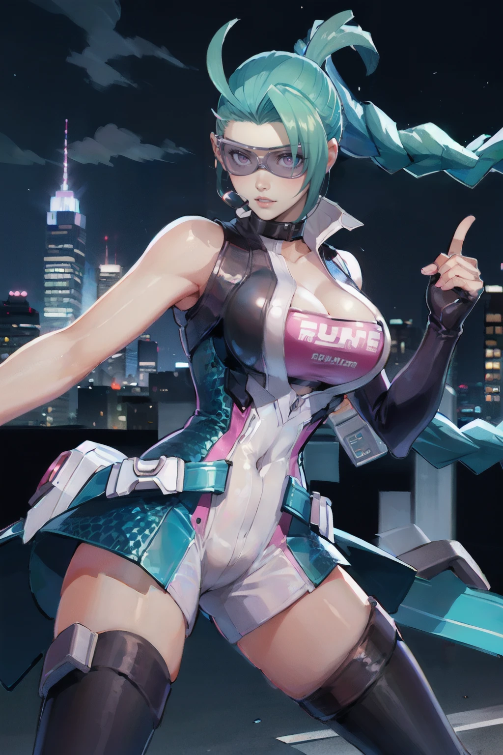 <lora:Airi_Racer_AoV_Model_LoRA:0.8>, Airi_RC, 1girl, solo, long hair, very long hair, braid, twin braids, multicolored hair, green hair, aqua hair, headset, looking at viewer, glasses, goggles, tinted eyewear, lips, collar, high collar, bare shoulders, cleavage, breasts, large breasts, gloves, fingerless gloves, elbow gloves, shorts, tight pants, white shorts, thighhighs, boots, thigh boots, high heels, shiny,
, ((outdoors, sky, cloud, blue sky, night, cloudy sky, building, star (sky), night sky, scenery, city, road, cityscape, skyscraper, city lights)), upper body, realistic, photo realistic, real life insert, best quality, ultra high res, (photorealistic:1.4), masterpiece, real life skin, hyper real