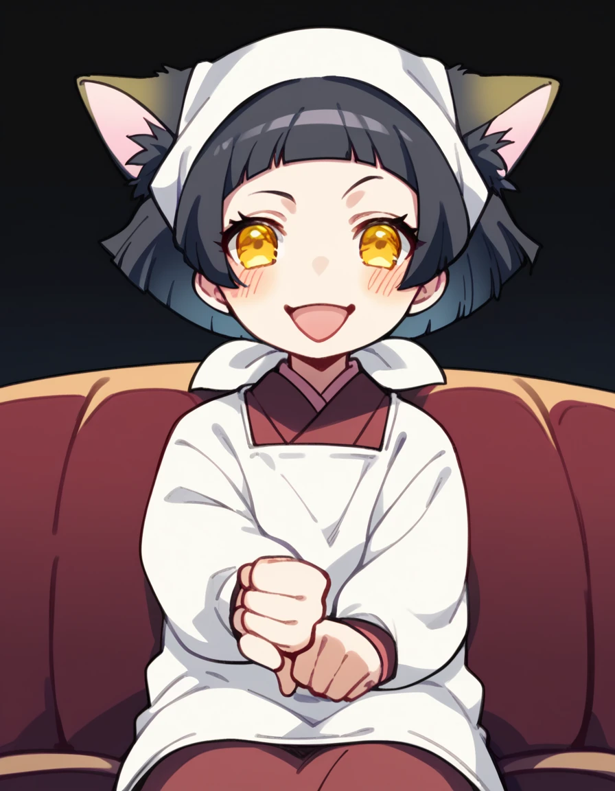 score_9, score_8_up, score_7_up, source_anime, <lora:dorm-mistress-s2-ponyxl-lora-nochekaiser:1>, dorm mistress, short hair, black hair, animal ears, yellow eyes, cat ears,, japanese clothes, kimono, apron, head scarf,, living room, television, couch, popcorn, watching movie, night time, sitting,, smile, <lora:thumbs-down-ponyxl-lora-nochekaiser:1>, thumbs down, blush, from below, smug, tongue, tongue out, open mouth, black background, looking at viewer, solo,, dutch angle, cowboy shot