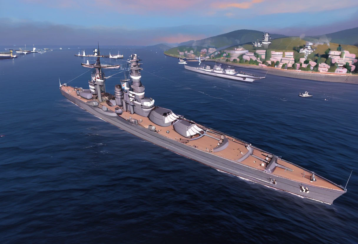 Best quality,ultra Hd, war zone ambience,atlantic sea,under heavy enemy concentrate fire, sailing,large battle ship with 4 main turret gun, evening sky ,ww2, fully armed ship with modern Cannon,style ship, battle ship class, anchor,smoke trail, evening sky, Scout plane, from above