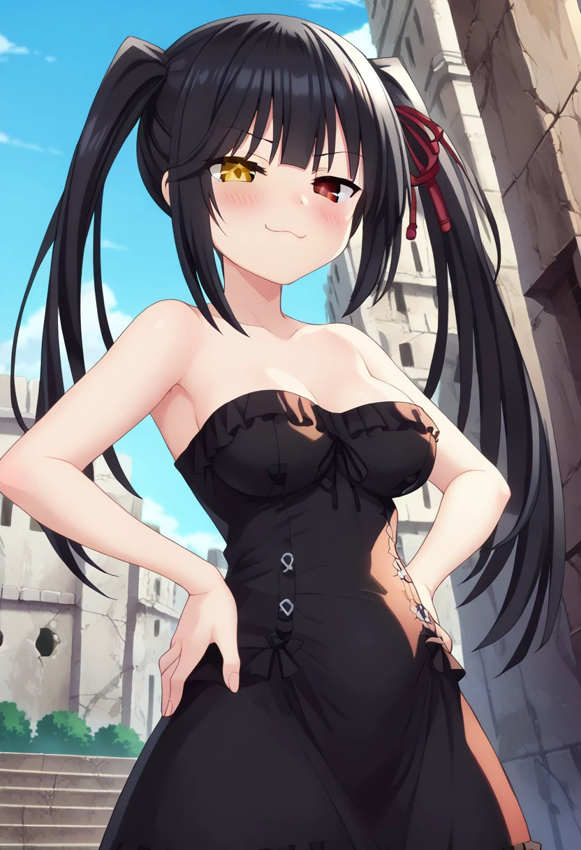 anime screencap, anime coloring, best quality,
outdoors, old city, ruins, sky
BREAK
hands on back, hand on own stomach,
kurng, long hair, black hair, twintails, red eyes, yellow eyes, heterochromia, clock eyes,
tube dress, black dress, strapless, round breasts,
standing, legs apart,
looking at viewer, blush, smug, half closed eyes, 
upper body, from side, (bloated stomach:0.7)