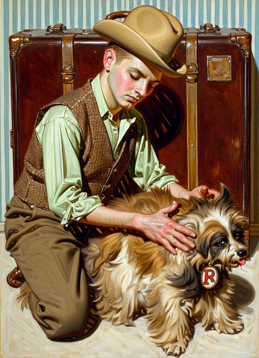 A hcartoon illustration by j.c. leyendecker of a skinny man and a dog in a nostalgic, early 20th-century setting. The man, with light skin and short, light brown hair, is dressed in a light green shirt, brown vest, and brown trousers. He wears a light brown hat and is kneeling on the ground, gently petting a large, long-haired dog. The dog, with a thick, wavy coat of brown and white fur, has a prominent tag on its collar with the letter "R" in red.

Behind the man and dog, there is a large, dark brown suitcase with a brown leather strap and a small, worn patch on its side. The suitcase is leaning against a wall with a simple, vertical stripe pattern in the background. The man's expression is one of affection and care as he looks down at the dog, while the dog appears calm and content. The overall color palette is muted, with earthy tones dominating, creating a warm and inviting atmosphere. The painting captures a moment of tenderness and companionship, evoking a sense of nostalgia and the simple joys of life.