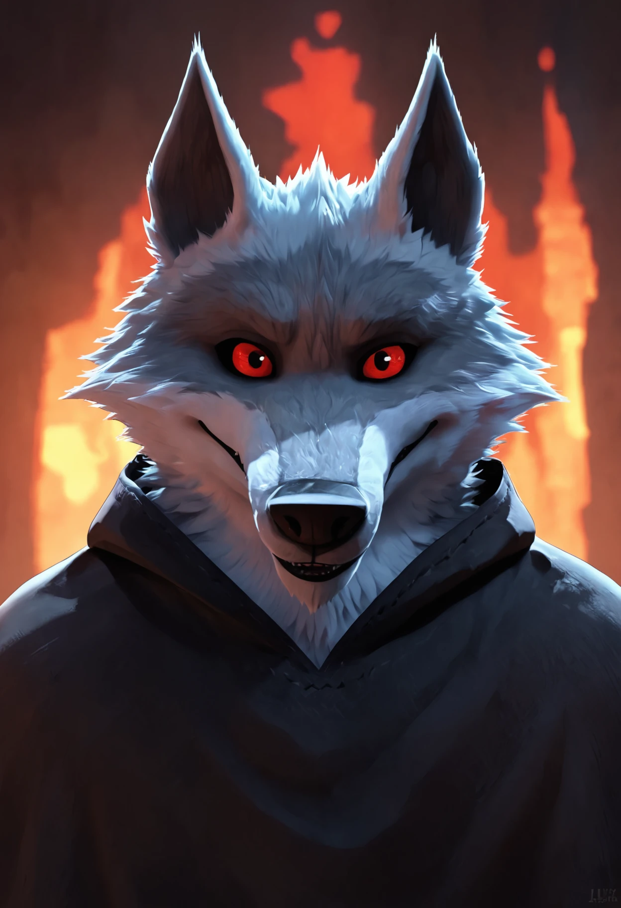 score_9, score_8_up, score_7_up, score_6_up, source_furry, BREAK
DeathWolf, anthro, 1boy, perfect face, grey wolf, two tone fur, black cape, red eyes, hand bandage, dog tail, looking at viewer, (smile:1.2), posing, upper body, close up, 
 <lora:Dreamworks_Furry_Mix:0.7>