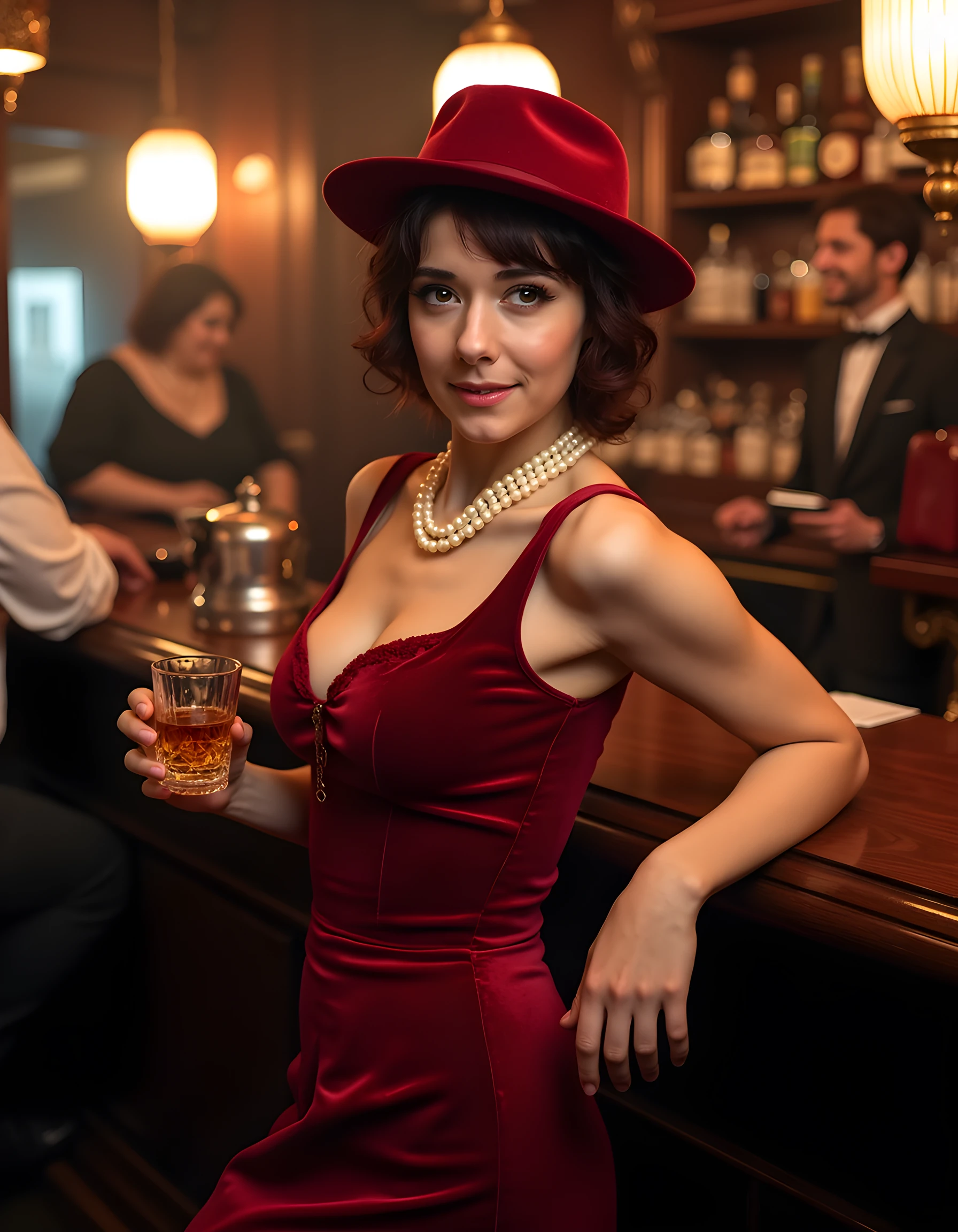 JUL14N4C, In a noir-inspired scene, set in the dimly lit, smoky confines of a 1940s speakeasy, a woman named Julieta, clad in a striking red velvet dress with a low neckline that reveals a cascade of pearls and a matching fedora tilted at a rakish angle, poses seductively against the dark mahogany bar. The camera is positioned low from behind, capturing her silhouette as she leans forward, one hand gripping the edge of the bar while the other cradles a smoky glass of whiskey, her eyes gleaming with both mystery and desire, illuminated by the soft glow of a solitary spotlight amidst the shadows. The background is filled with the murmurs of conversation, laughter, and the distant clinking of glasses, creating an atmosphere of intrigue and allure in this captivating portrait of a woman who commands attention in the heart of the city's underbelly.